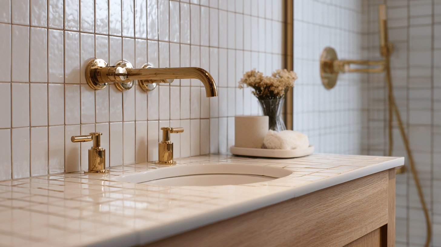 A bathroom featuring a gold faucet and a white countertop, highlighting elegant brass fixtures