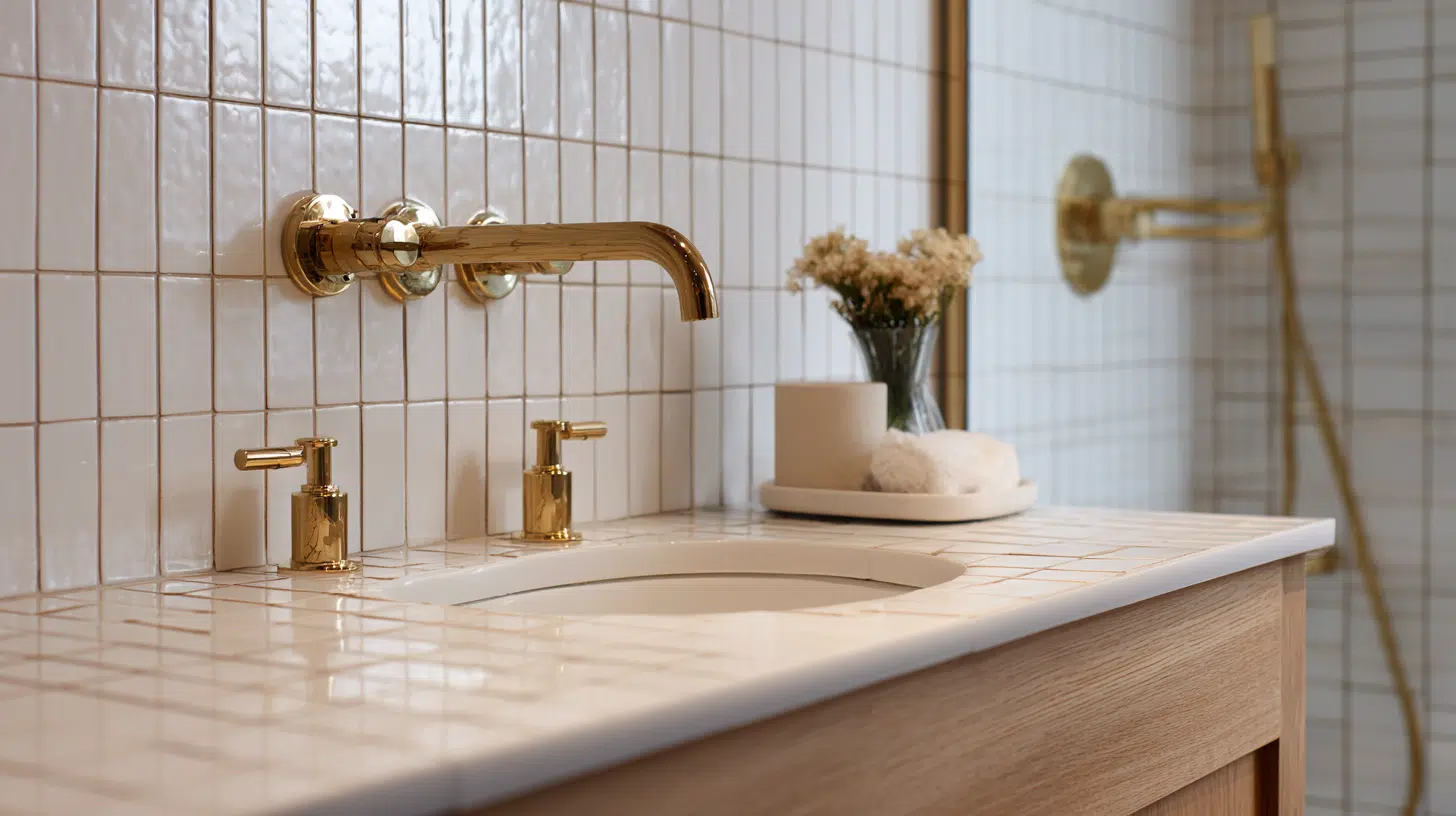 A bathroom featuring a gold faucet and a white countertop, highlighting elegant brass fixtures