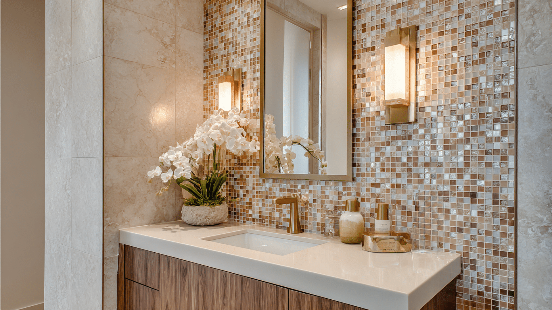 A bathroom featuring a marble countertop and a mosaic accent wall made of glass tiles