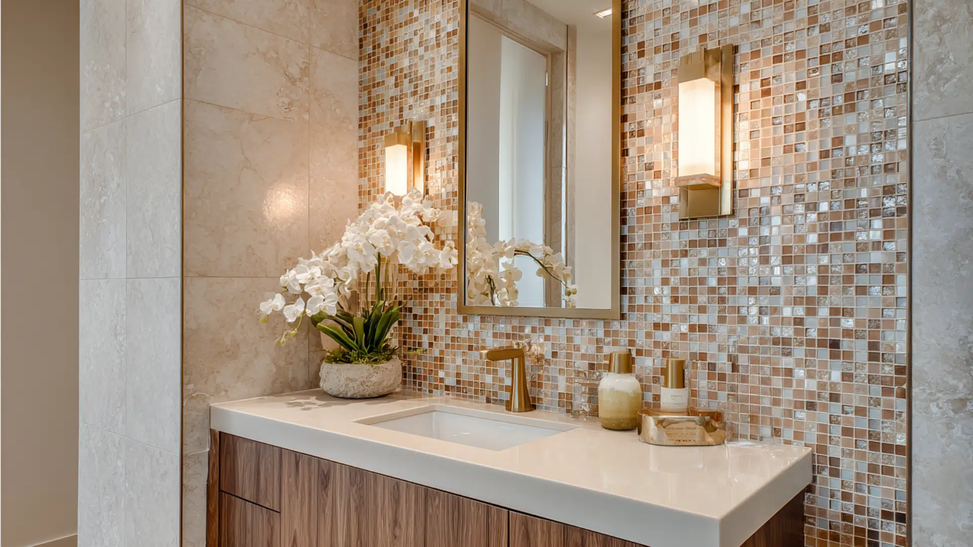 A bathroom featuring a marble countertop and a mosaic accent wall made of glass tiles