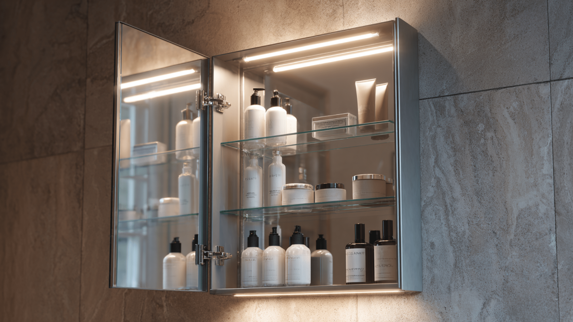 A bathroom featuring a mirror above a glass medicine cabinet with integrated lighting