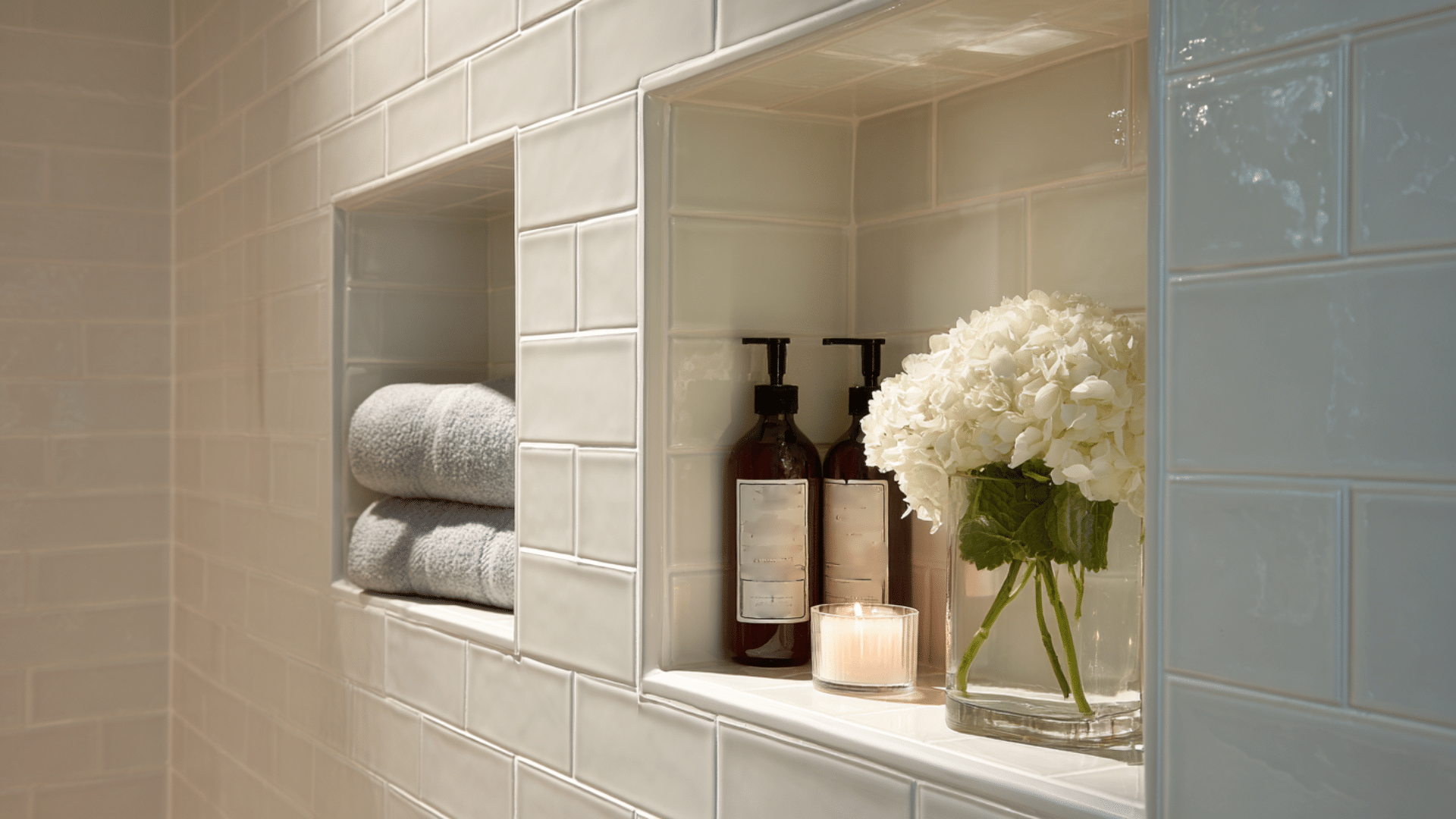 A bathroom featuring a shower, sink, and built-in storage niches for organization and convenience
