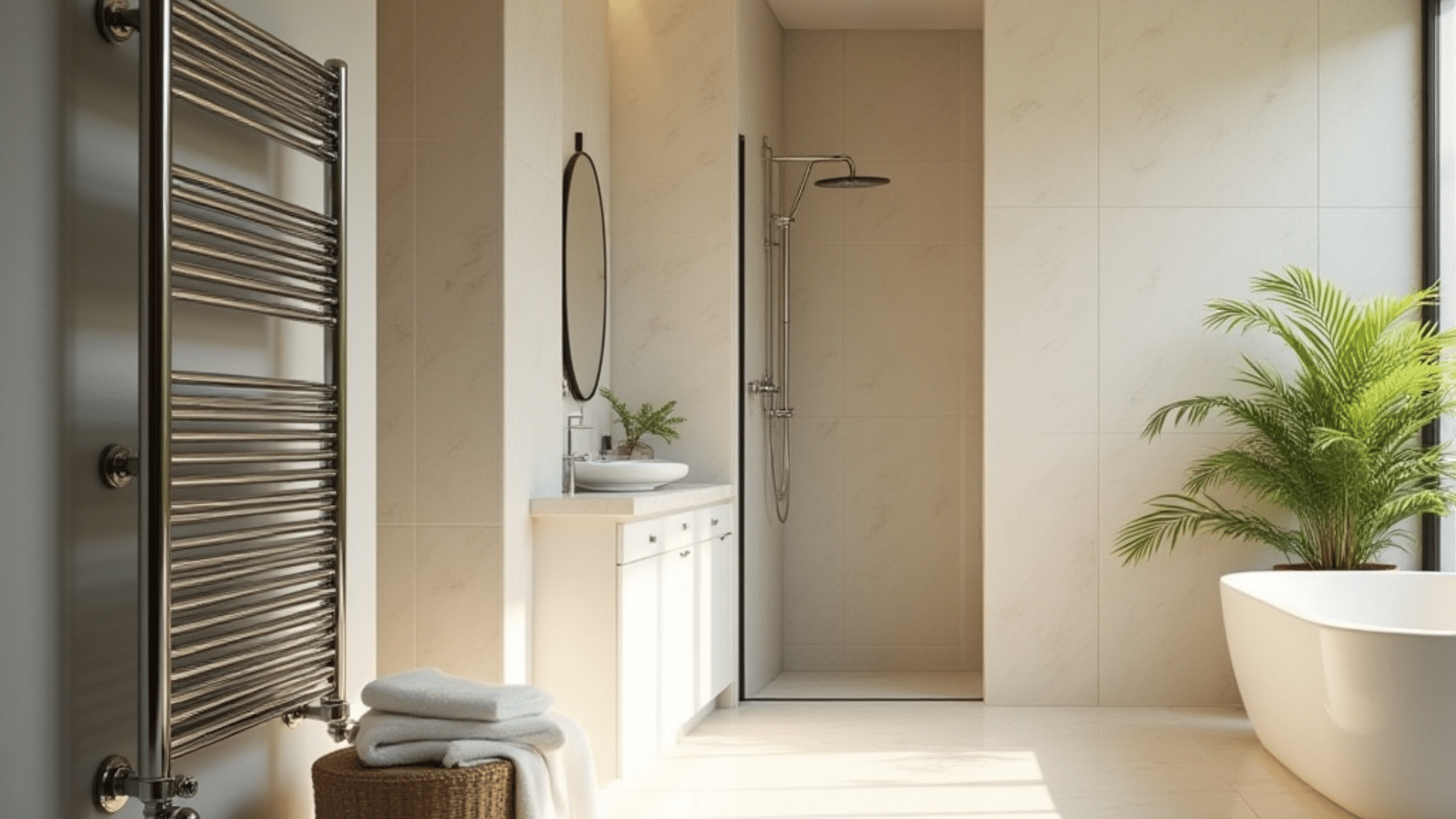 A bathroom featuring a shower, toilet, and heated towel rails for added comfort and convenience