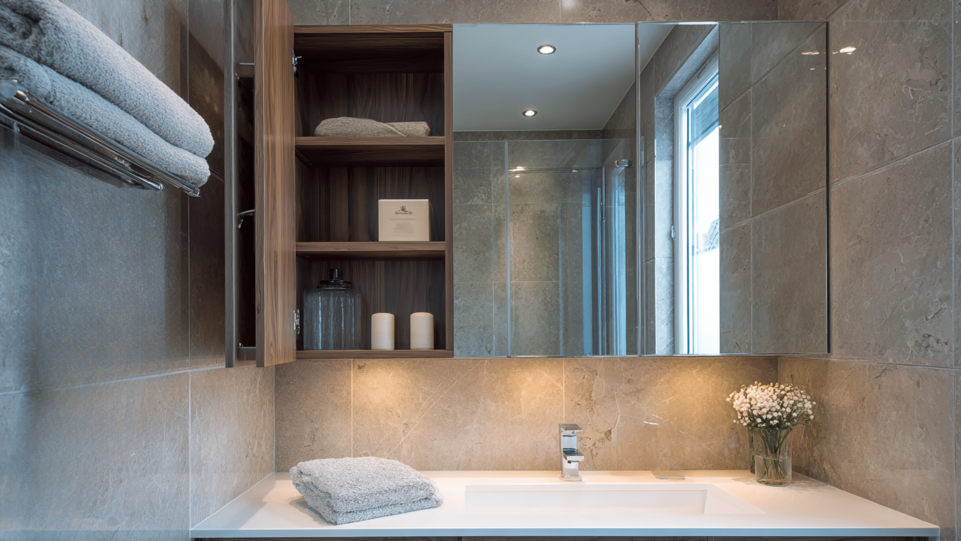 A bathroom featuring a sink, a mirror, and a mirrored wall cabinet above the sink