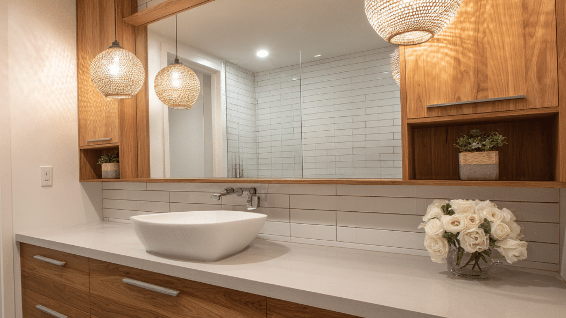 A bathroom featuring a sink and two stylish statement light fixtures illuminating the space