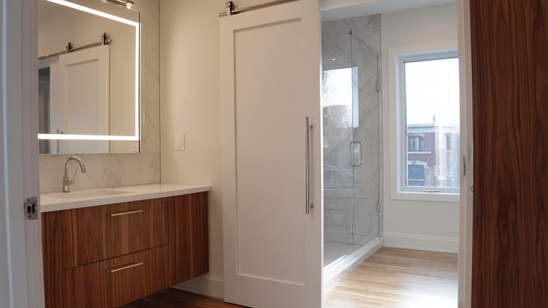 A bathroom featuring a wooden floor, a mirror, and pocket doors enhancing the space's modern design
