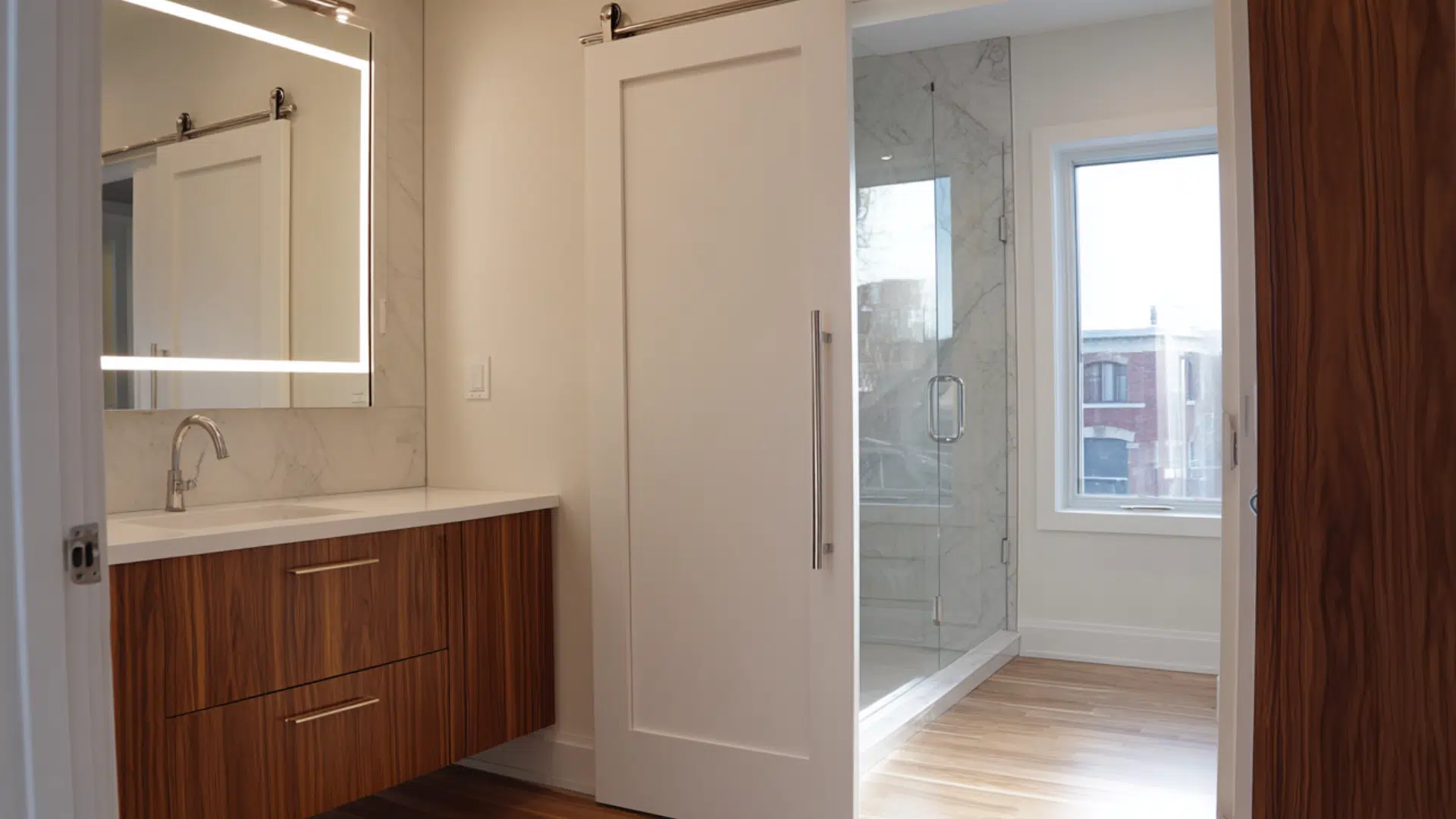 A bathroom featuring a wooden floor, a mirror, and pocket doors enhancing the space's modern design