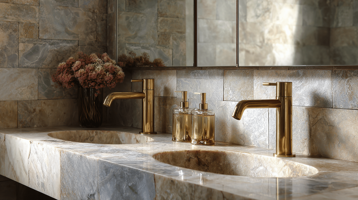 A bathroom featuring two sinks, a large mirror, and luxury natural stone countertops