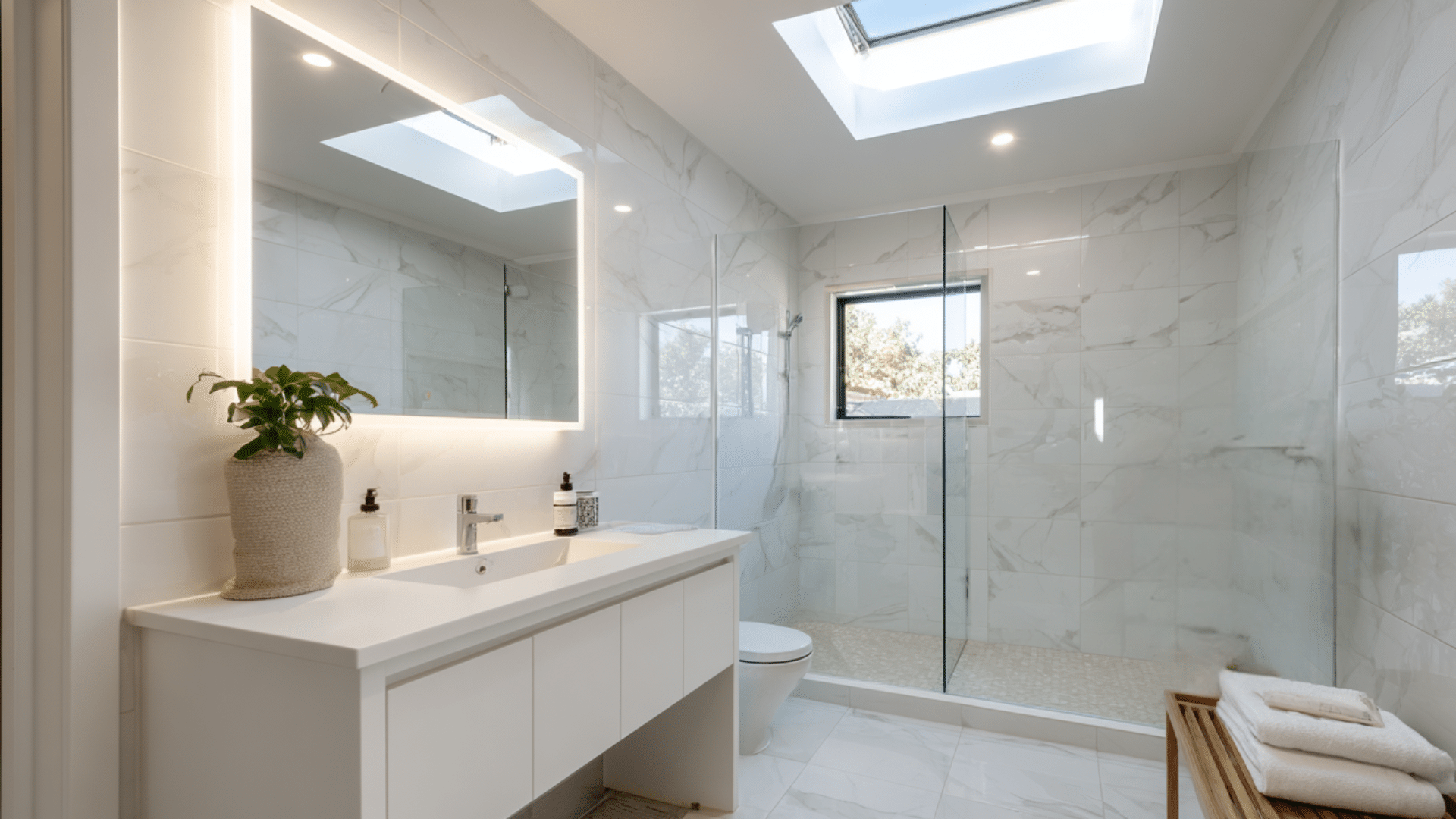 A bright bathroom featuring a skylight above a modern sink, showcasing natural light and contemporary design