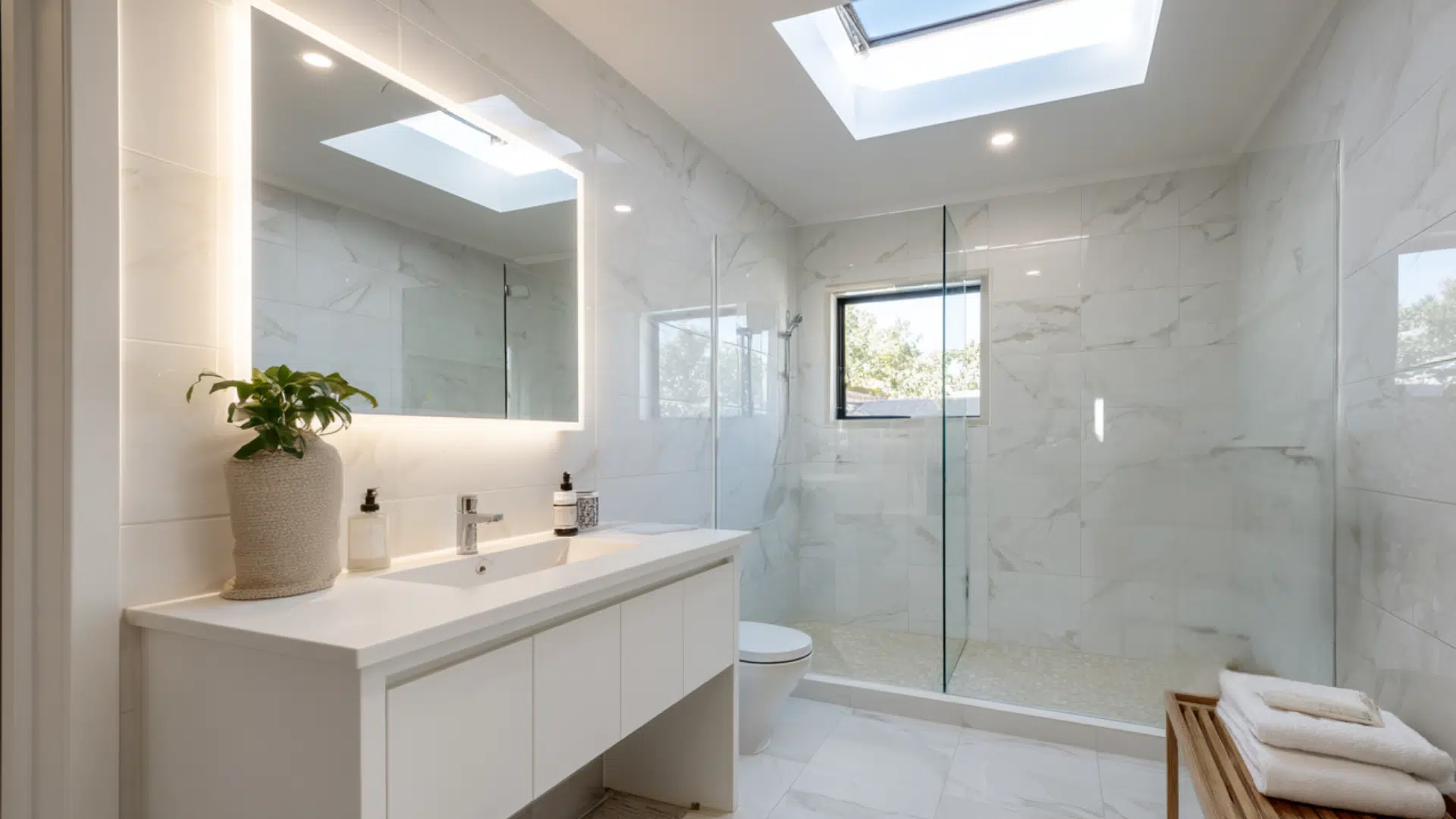 A bright bathroom featuring a skylight above a modern sink, showcasing natural light and contemporary design