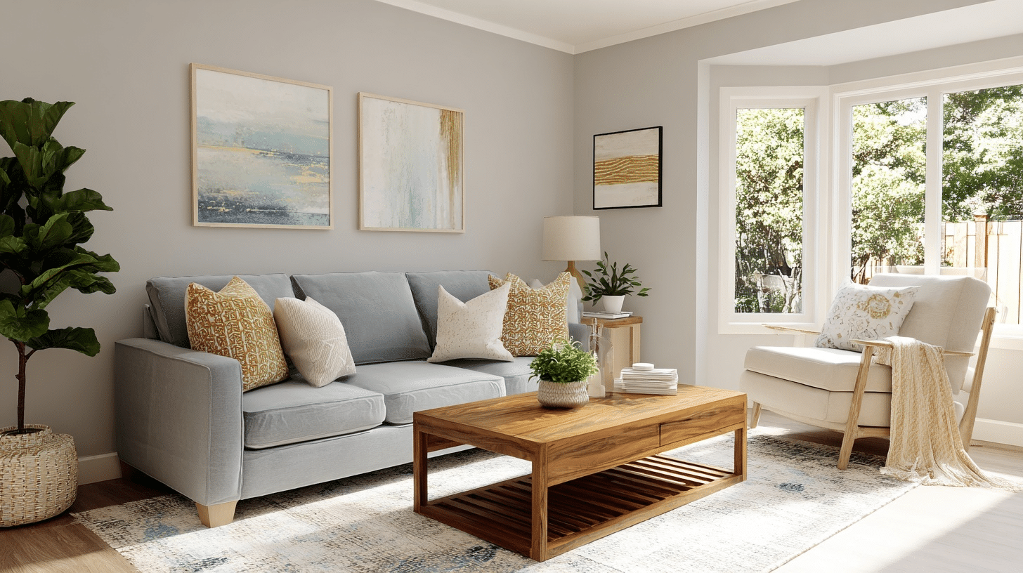 A bright living room features a grey sofa a wooden coffee table and light blue abstract art pieces on a pale grey wall