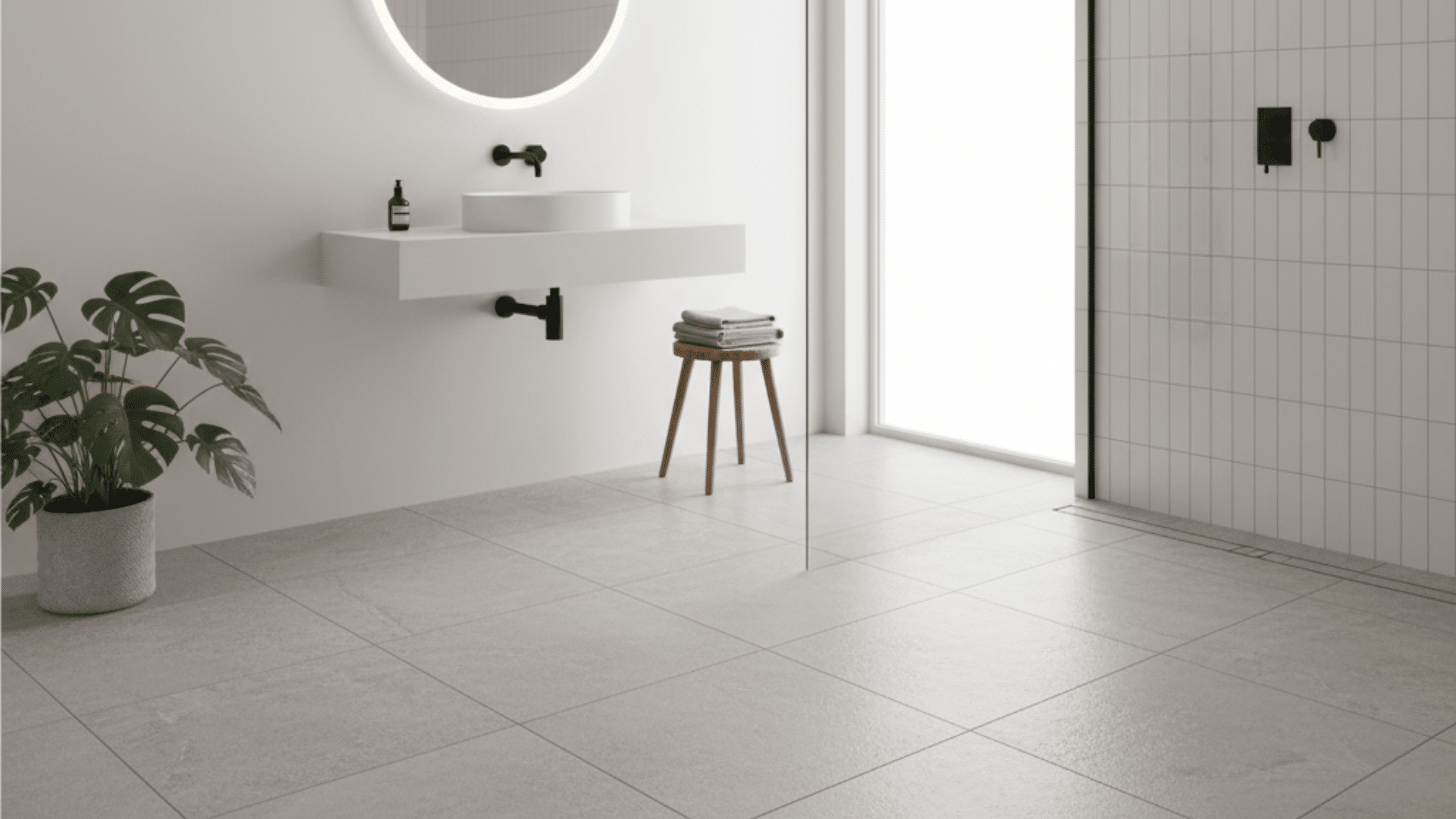 A close-up of a shower drain in a wet room bathroom, showcasing modern design and functionality