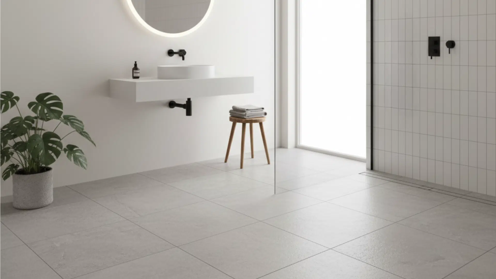 A close-up of a shower drain in a wet room bathroom, showcasing modern design and functionality