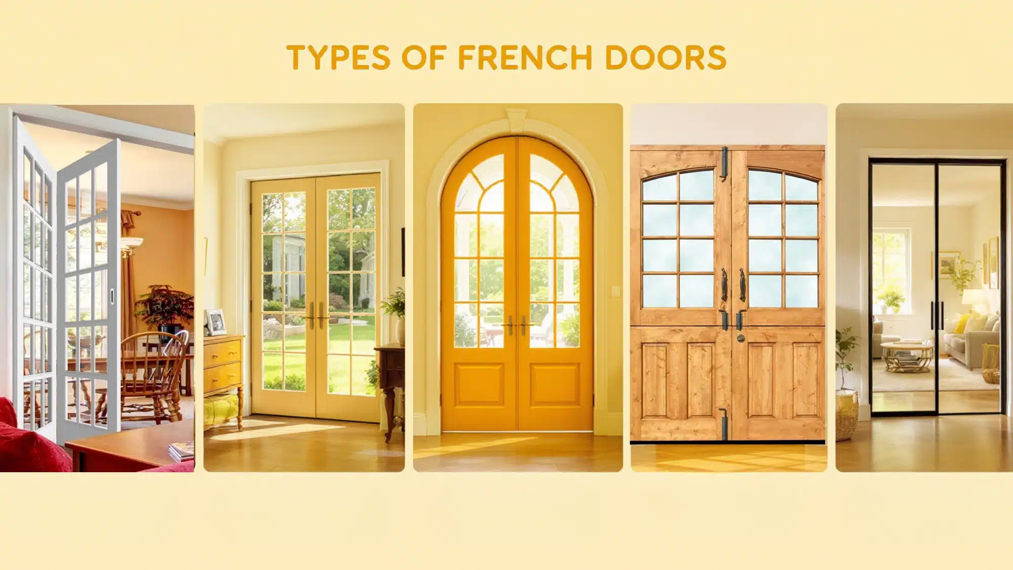 A collection of French door types, highlighting diverse designs and finishes suitable for residential spaces