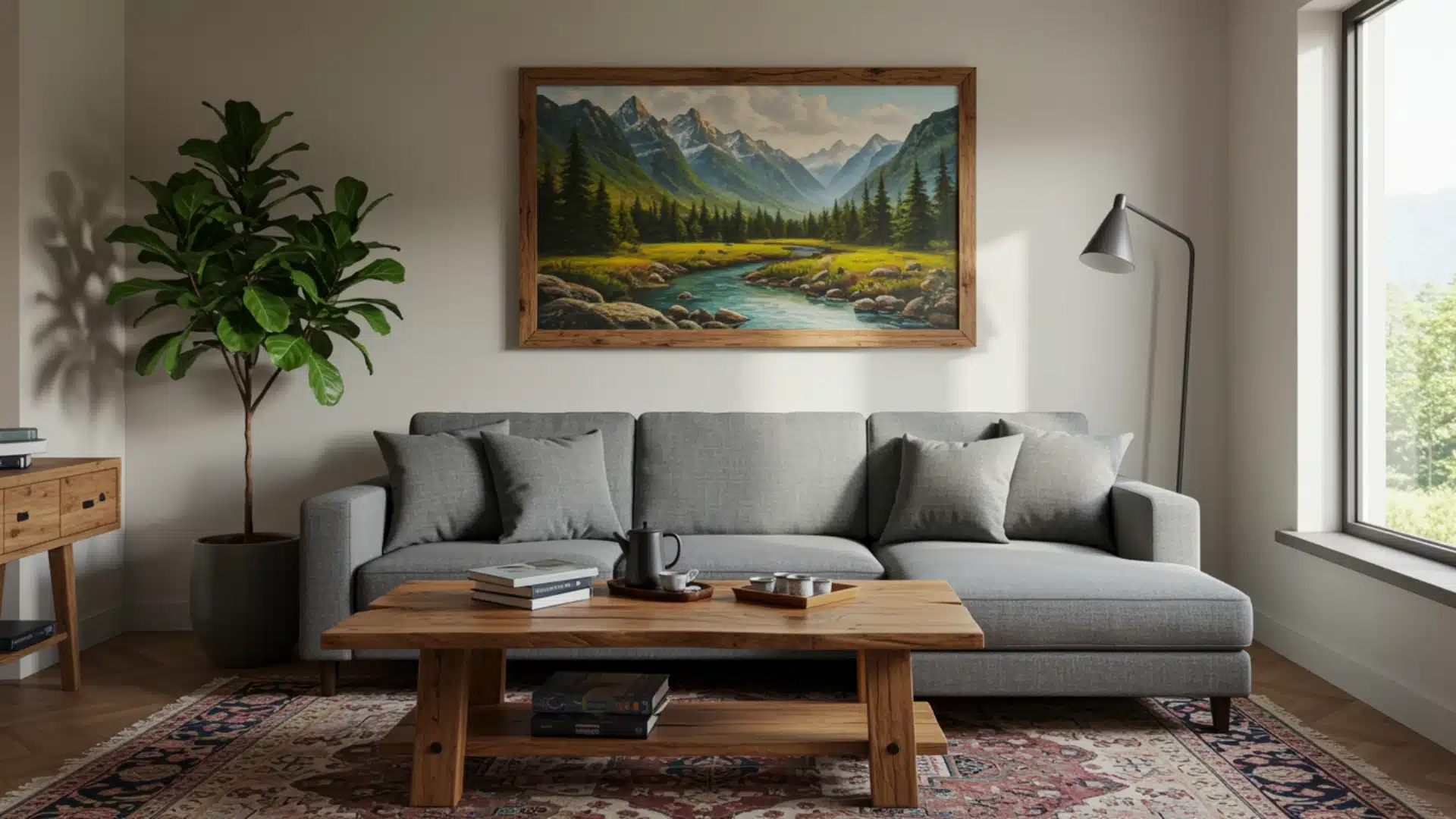 A decorative rug laid out on a wooden floor, adding heat and texture to the room’s interior design