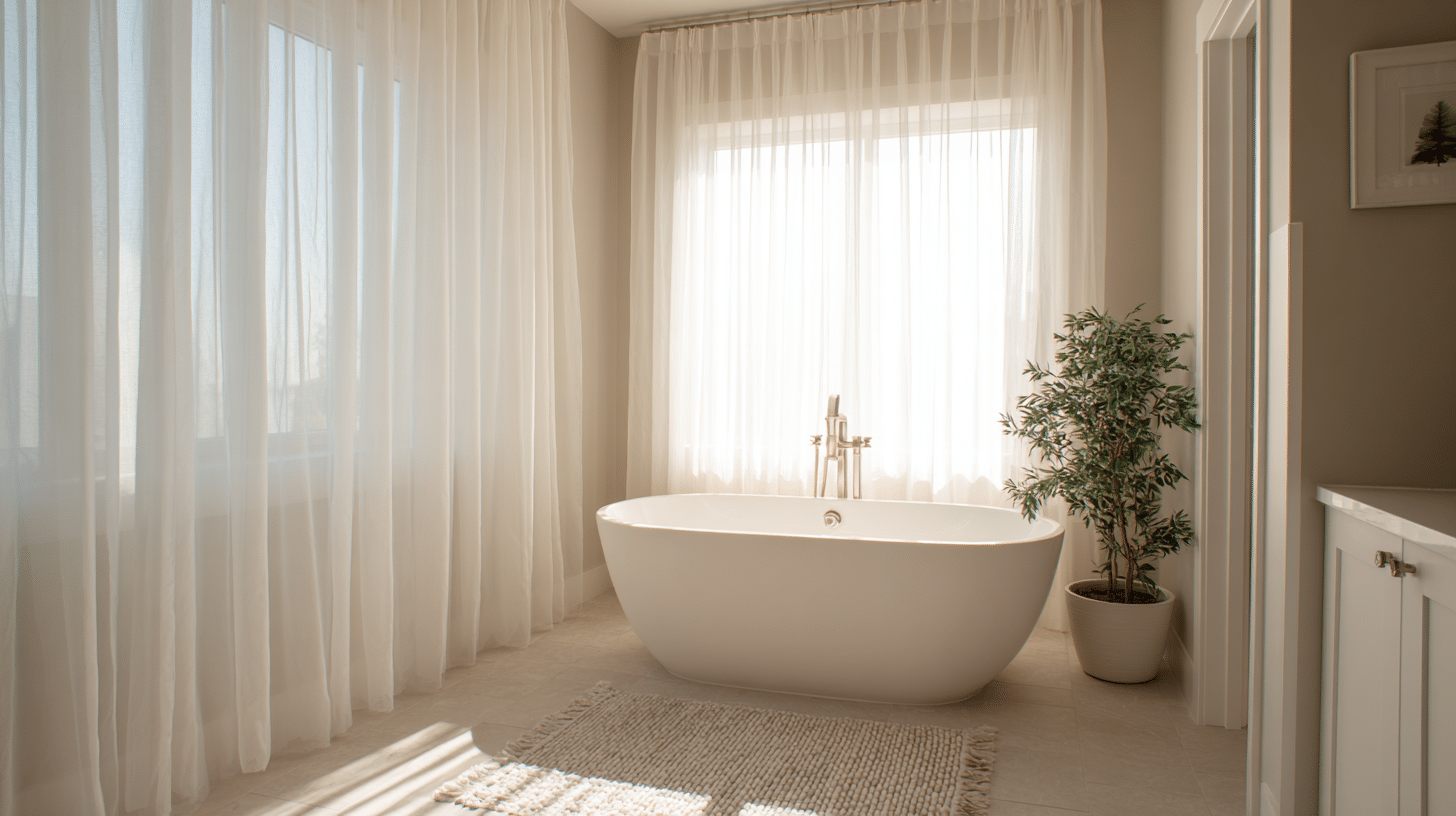 A freestanding white bathtub positioned in a modern bathroom setting
