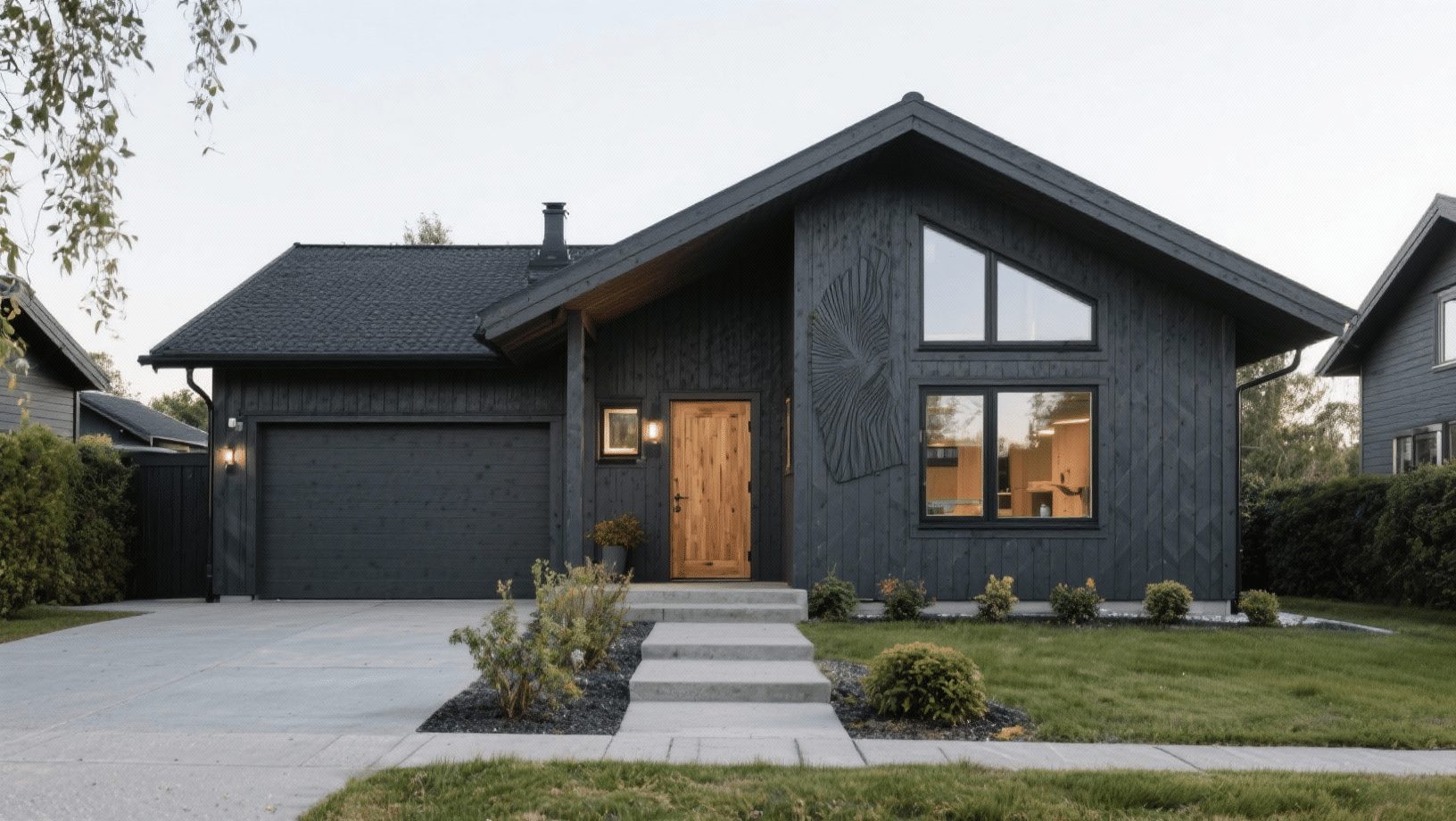 A house exterior with dark wood siding, pitched roof, garage, and warm-lit windows, set in a neat suburban setting