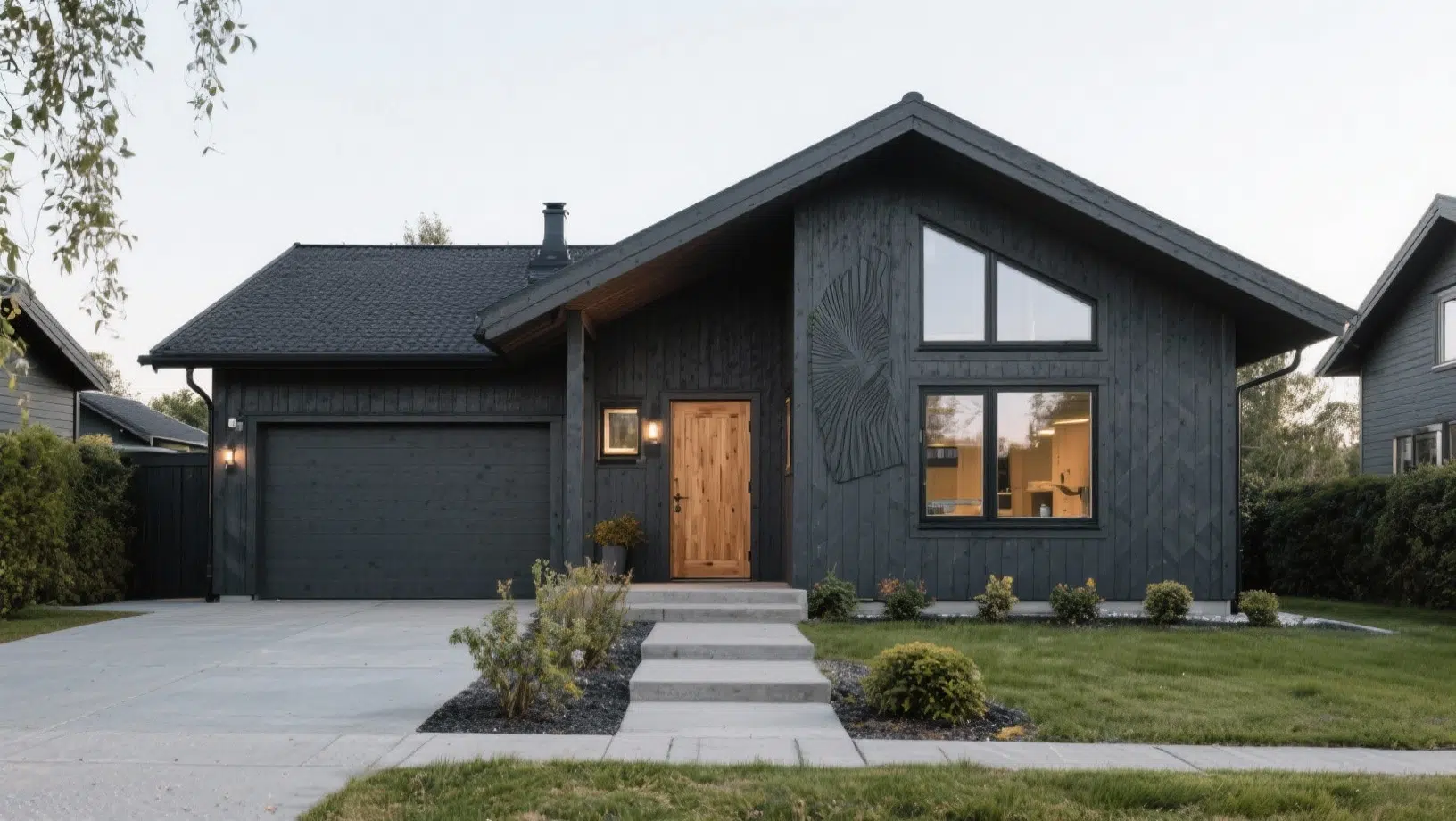 A house exterior with dark wood siding, pitched roof, garage, and warm-lit windows, set in a neat suburban setting