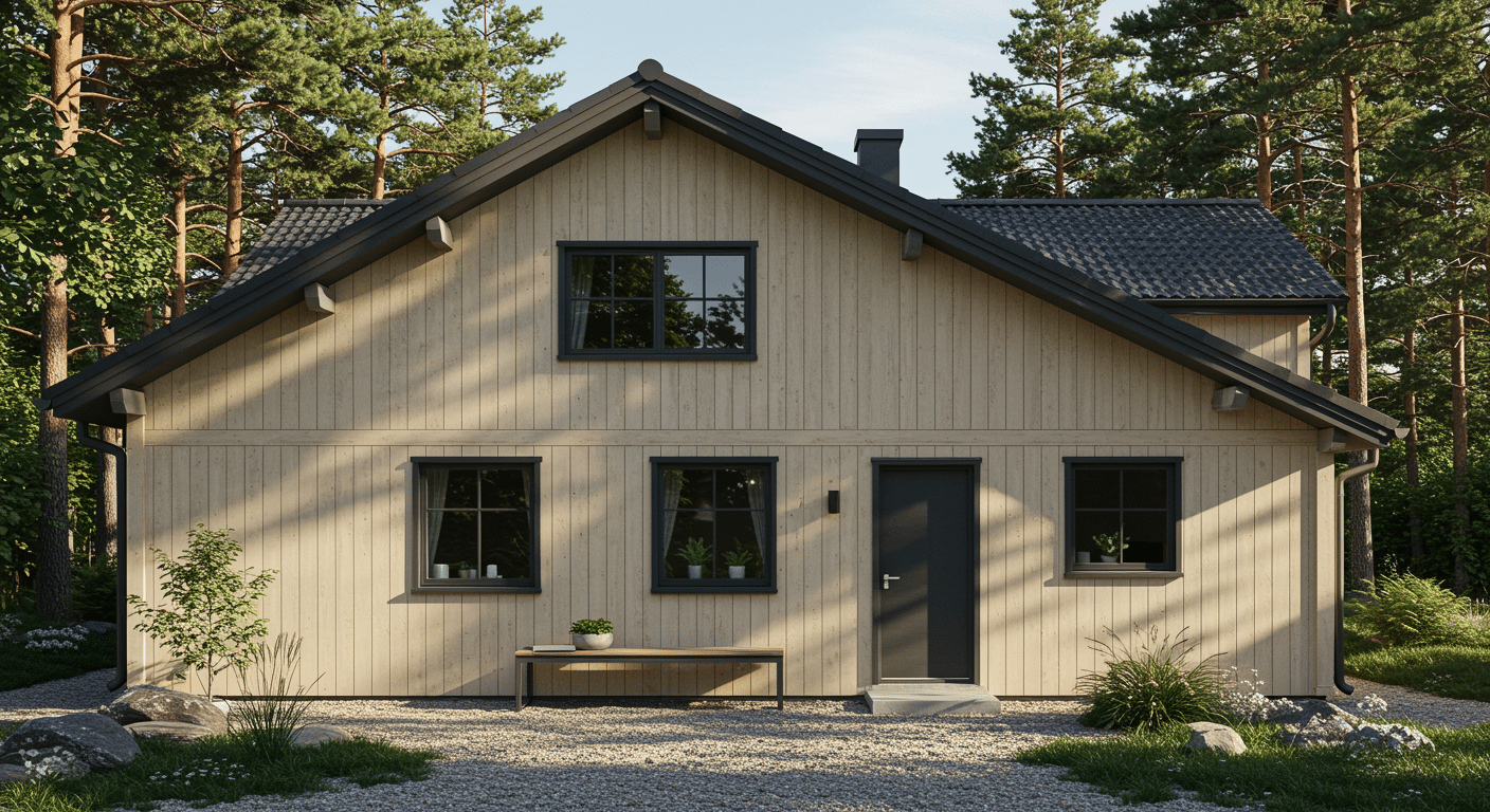 A house exterior with light wood siding, dark roof, and simple windows, set in a peaceful forest garden setting