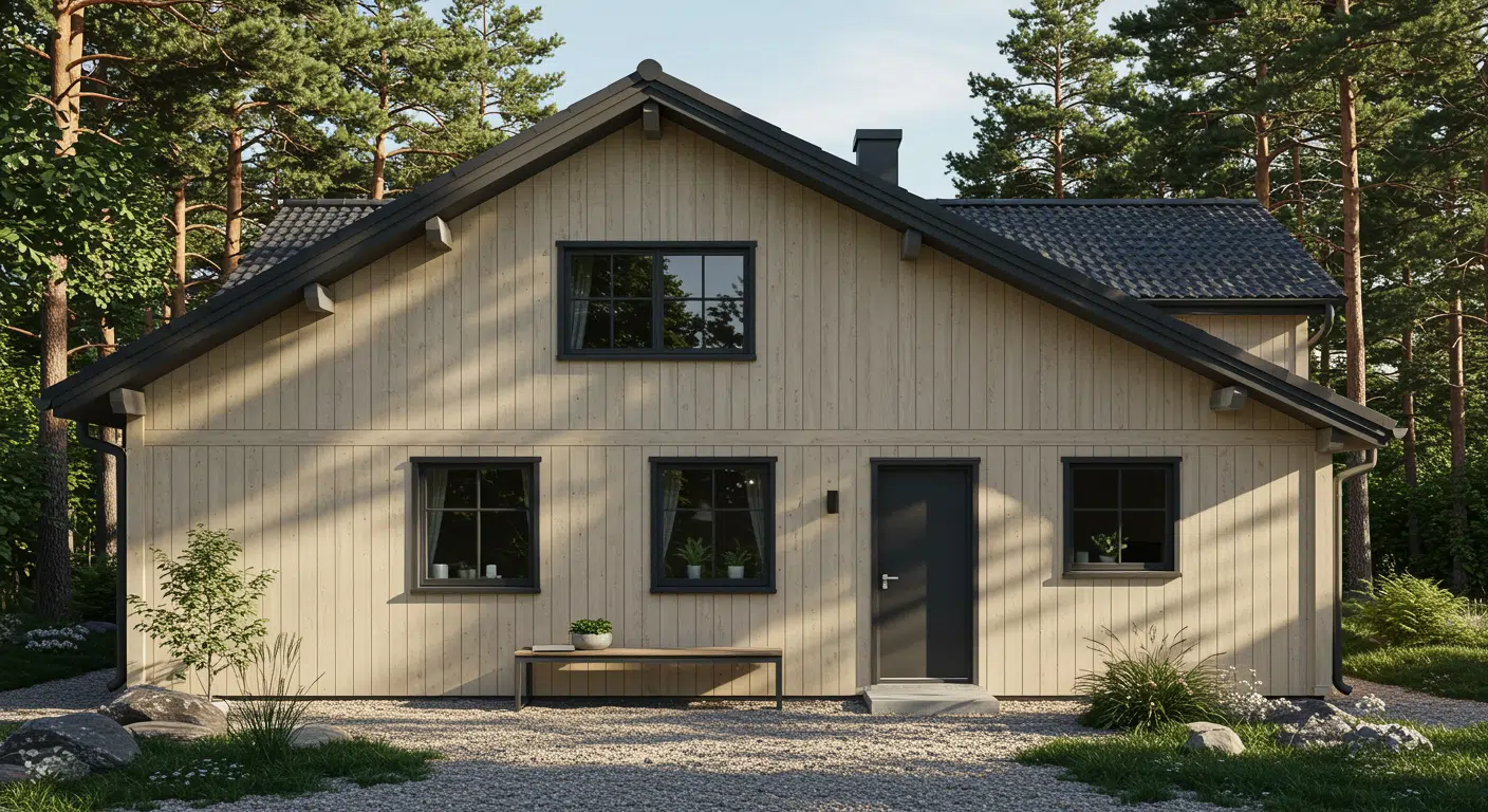 A house exterior with light wood siding, dark roof, and simple windows, set in a peaceful forest garden setting