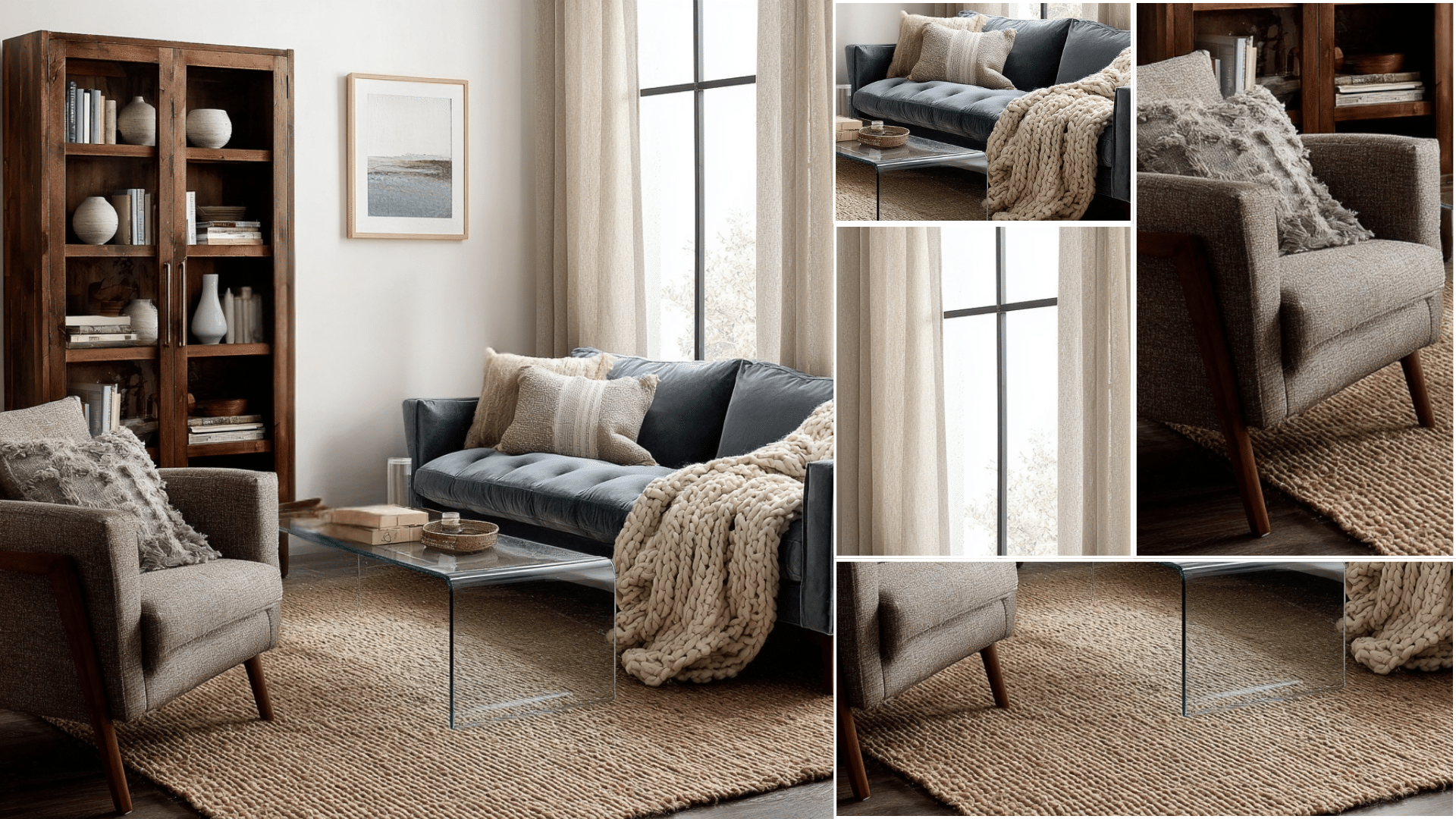 A living room collage features a blue velvet sofa a chunky knit throw a jute rug and a glass table in a neutral interior