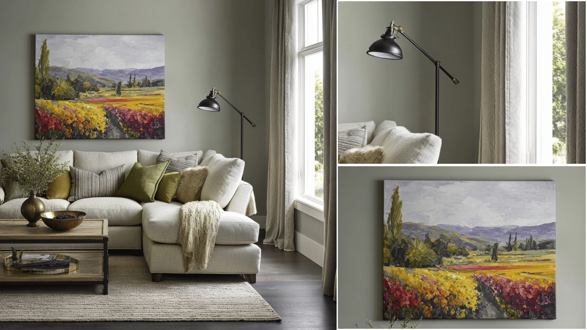 A living room collage features a cream sectional sofa a black floor lamp and a colorful landscape painting on a gray wall