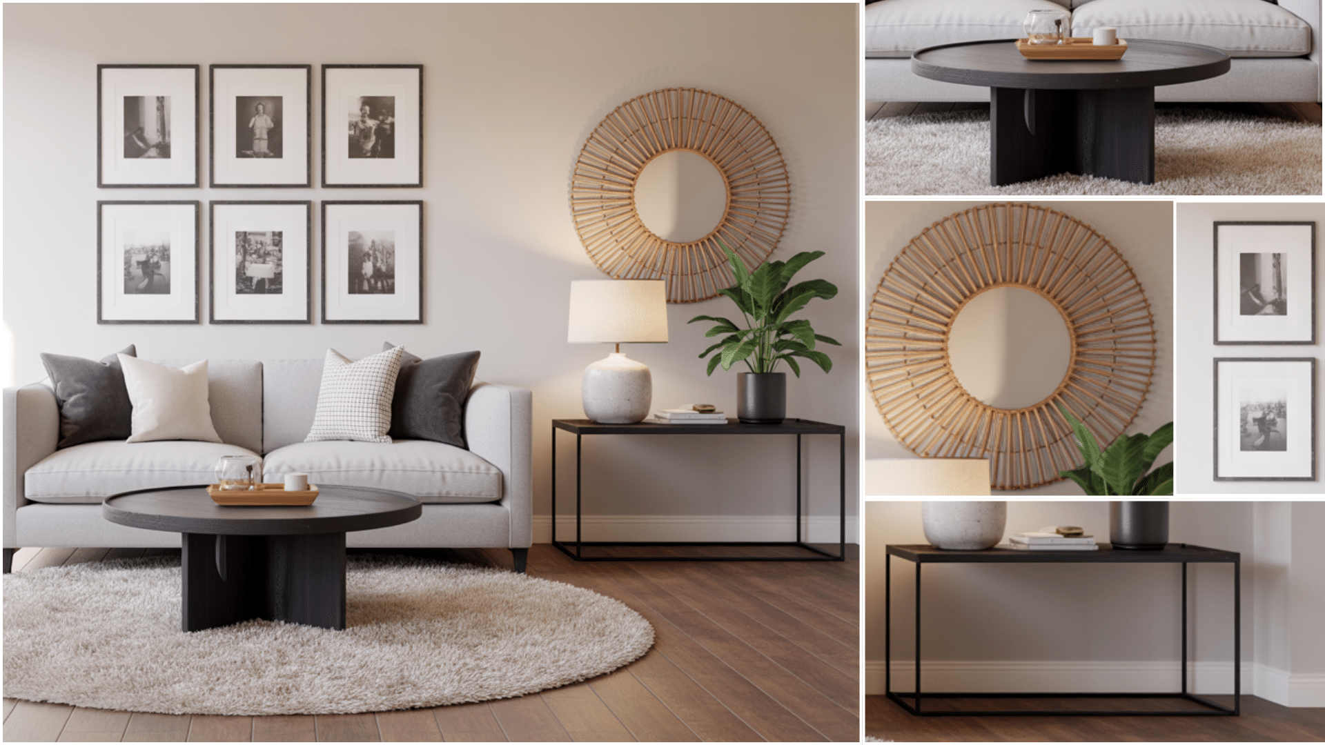 A living room collage with a round coffee table sunburst mirror framed photos and gray sofa on a circular textured rug