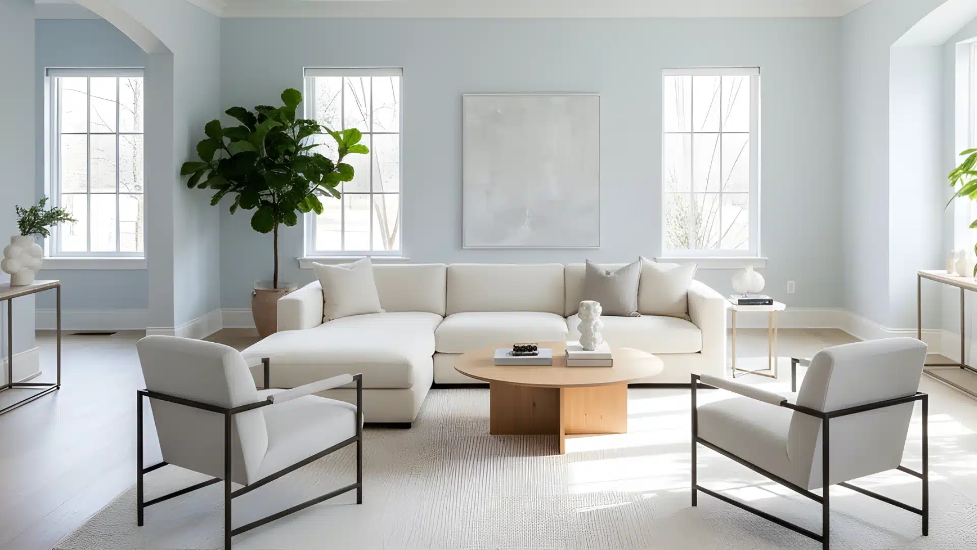 A living room featuring white furniture set against blue walls, creating a bright and modern atmosphere