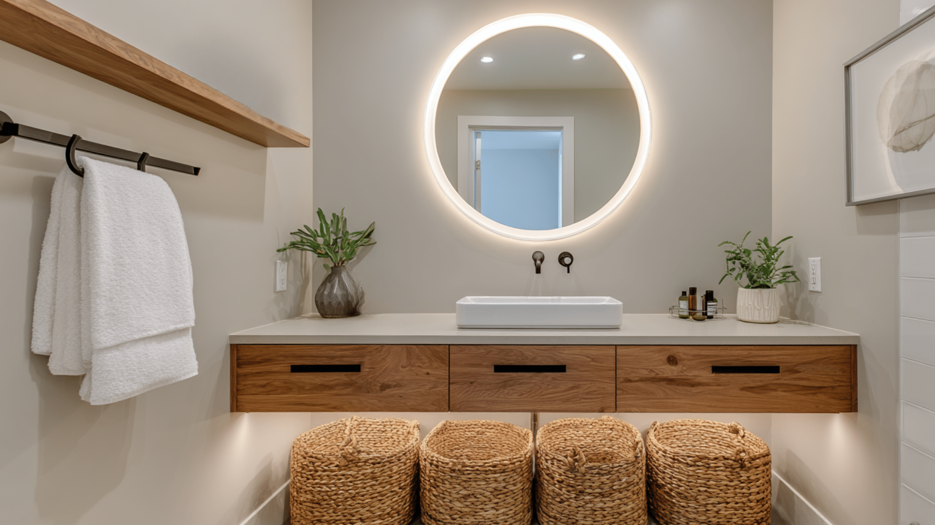 A modern bathroom featuring a wooden floating vanity and a round mirror above it, creating a stylish and functional space