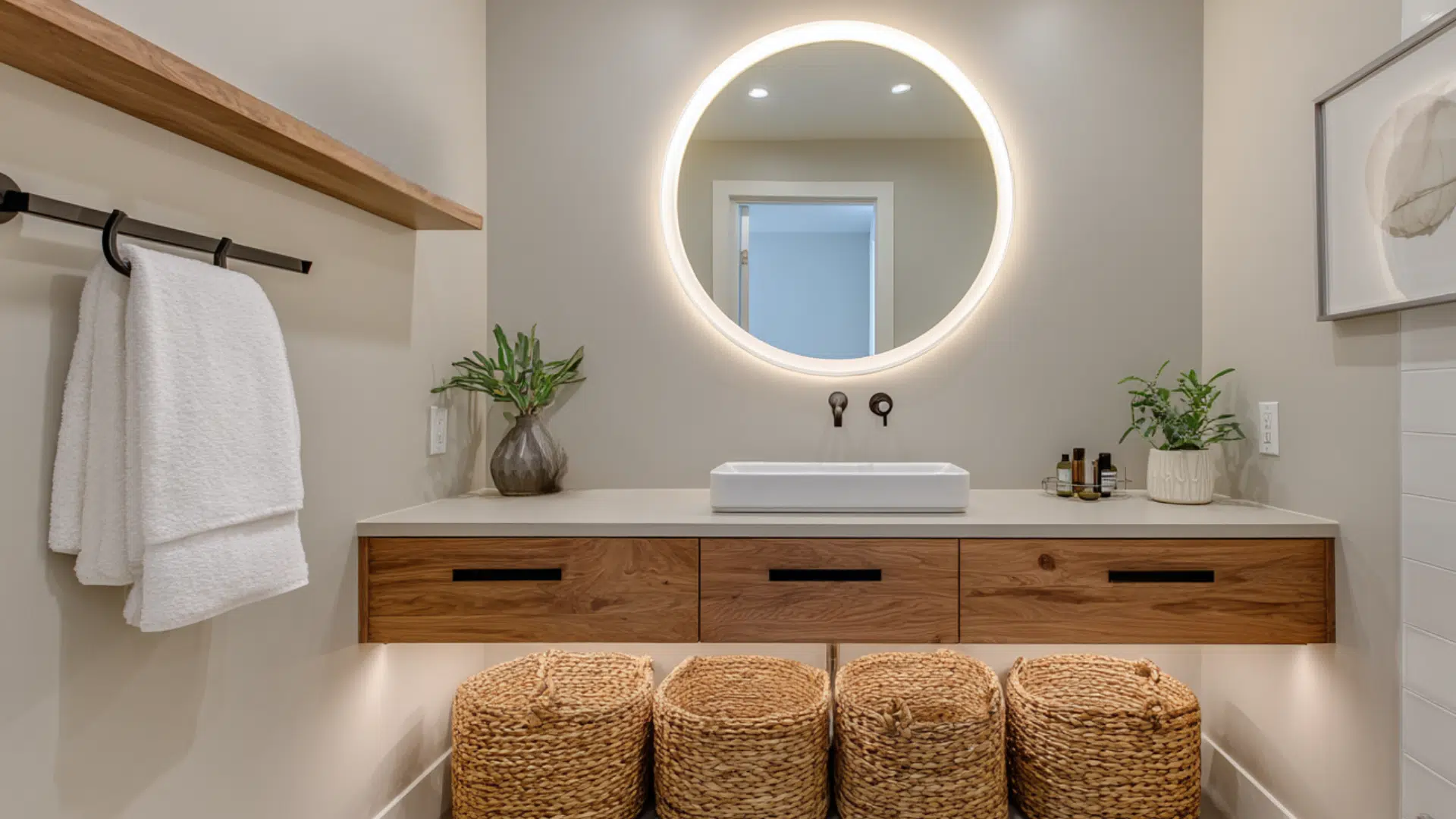 A modern bathroom featuring a wooden floating vanity and a round mirror above it, creating a stylish and functional space