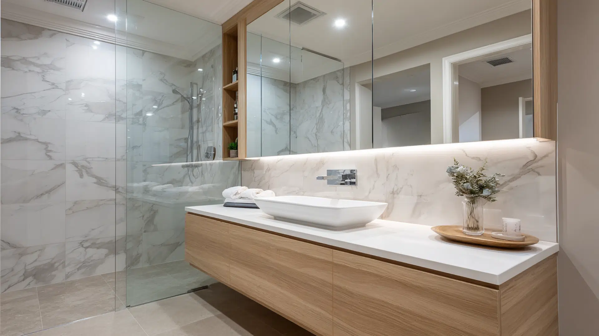 A modern bathroom featuring marble countertops, a frameless mirror, and a sleek glass shower enclosure