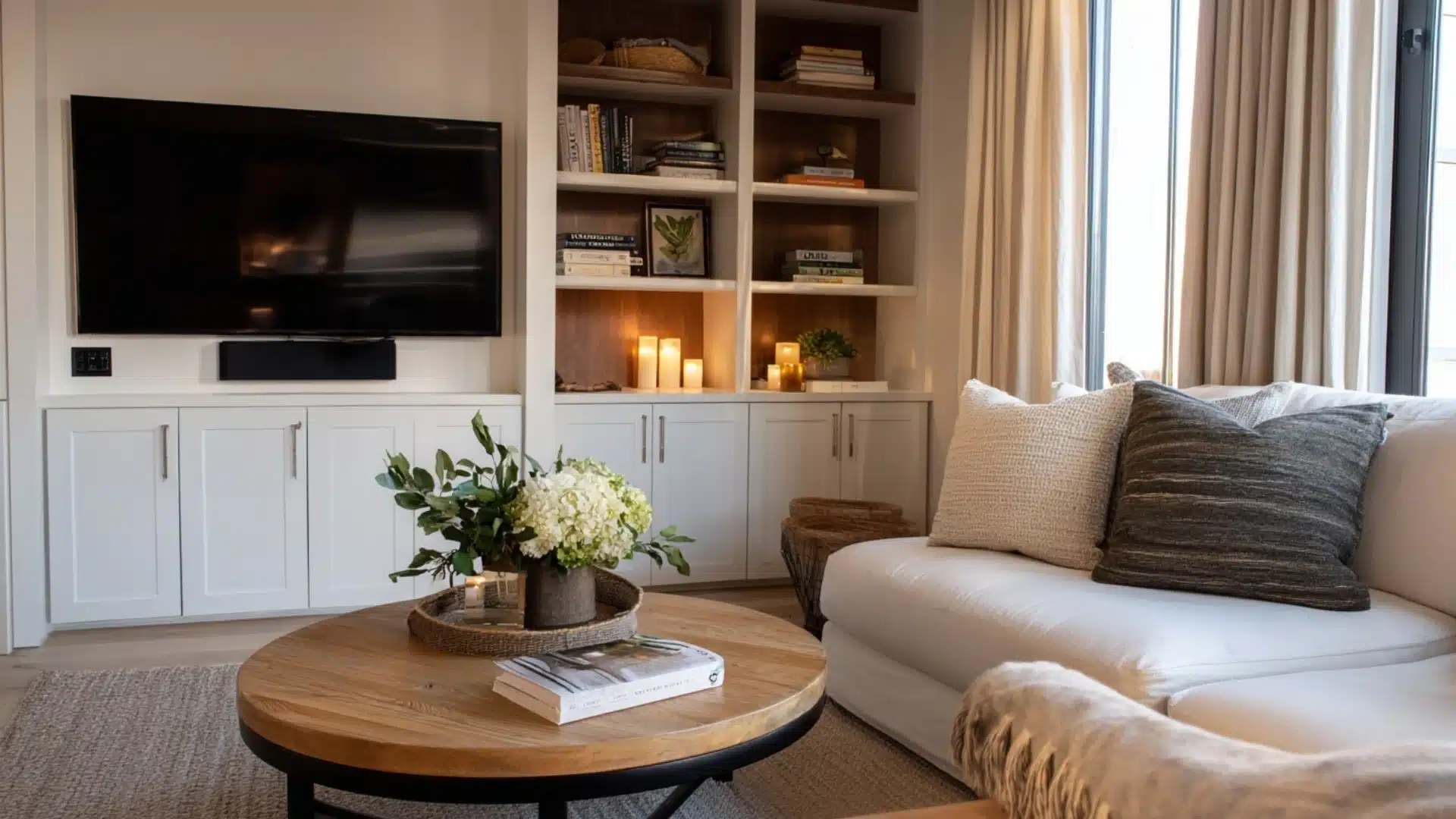A modern living room featuring white furniture and a flat-screen television on the wall