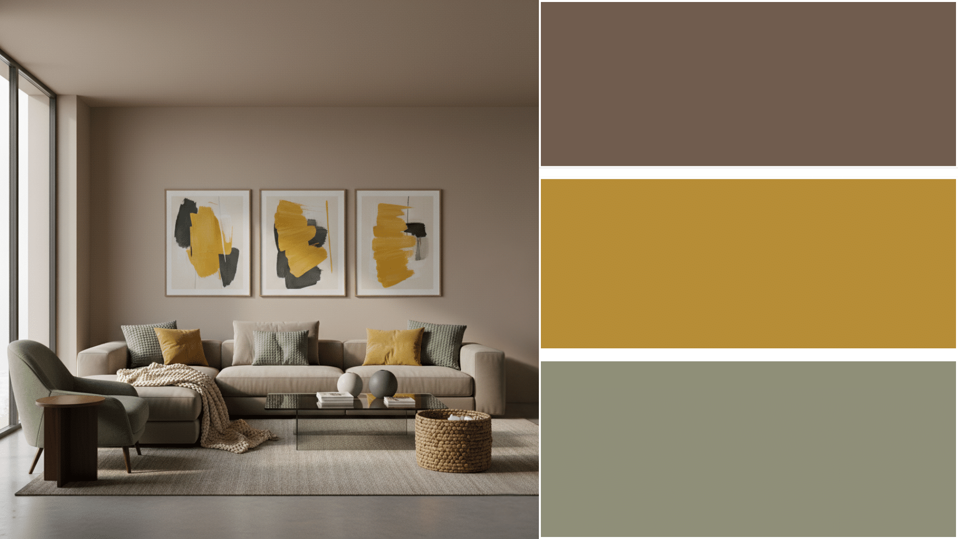 A modern living room with abstract art sits beside color swatches of dark brown mustard yellow and muted sage green tones