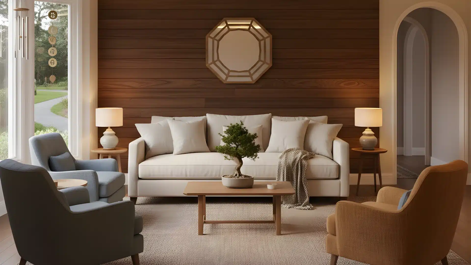 A serene living room features a cream sofa against a dark wood wall, lamps, blue and mustard armchairs, and a bonsai on a coffee table near a large window overlooking a garden path