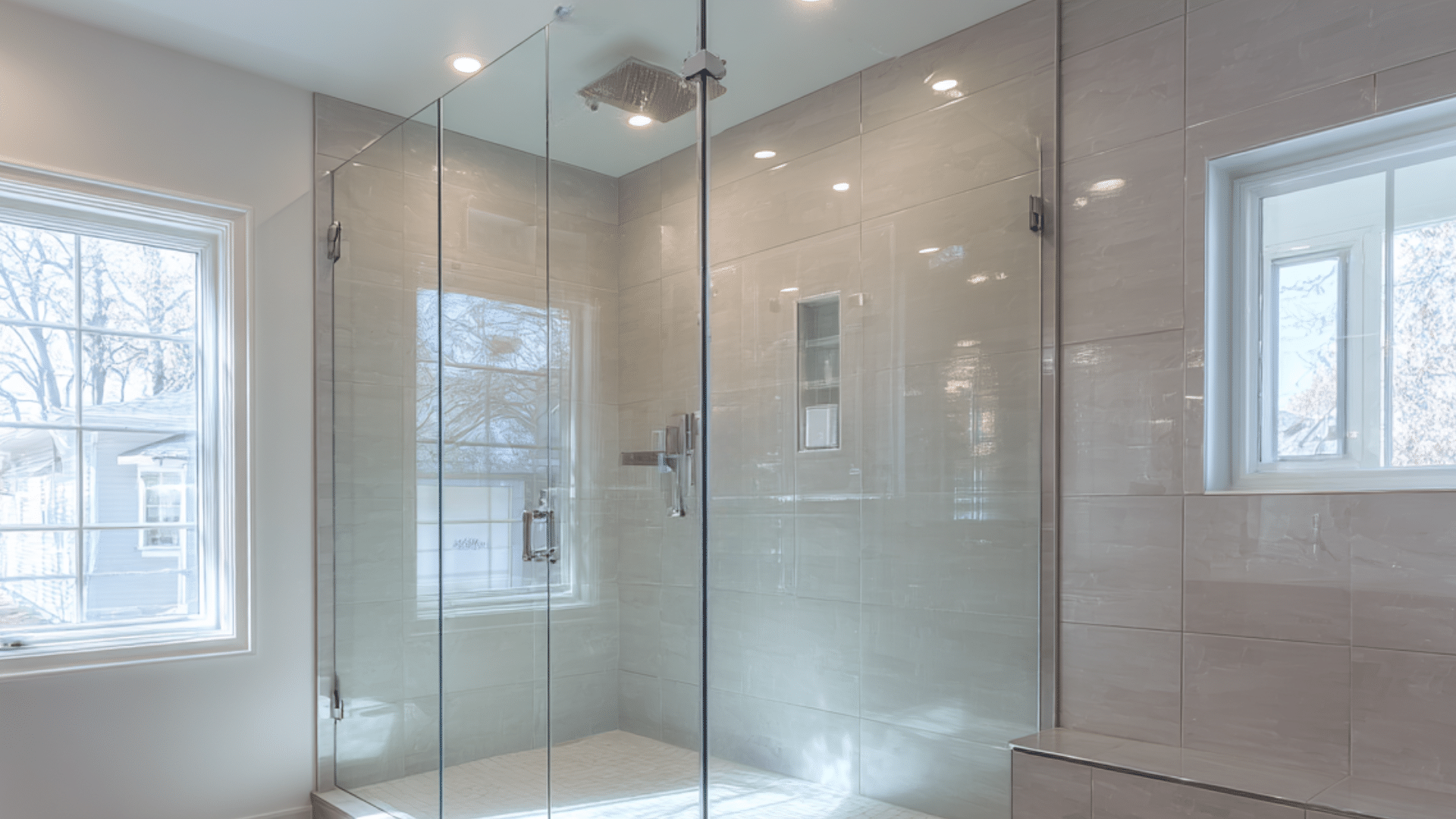 A spacious walk-in shower featuring glass doors, a built-in bench, and a window for natural light