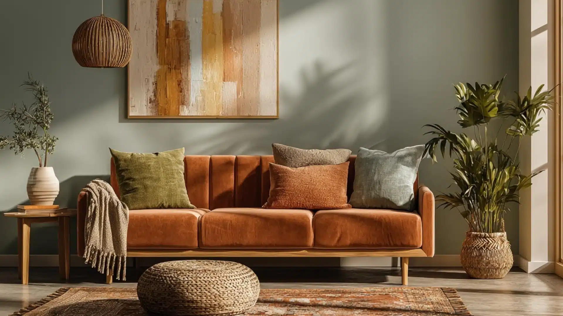 A warm living room features an orange velvet sofa with accent pillows against a sage green wall, illuminated by natural light, creating strong shadows