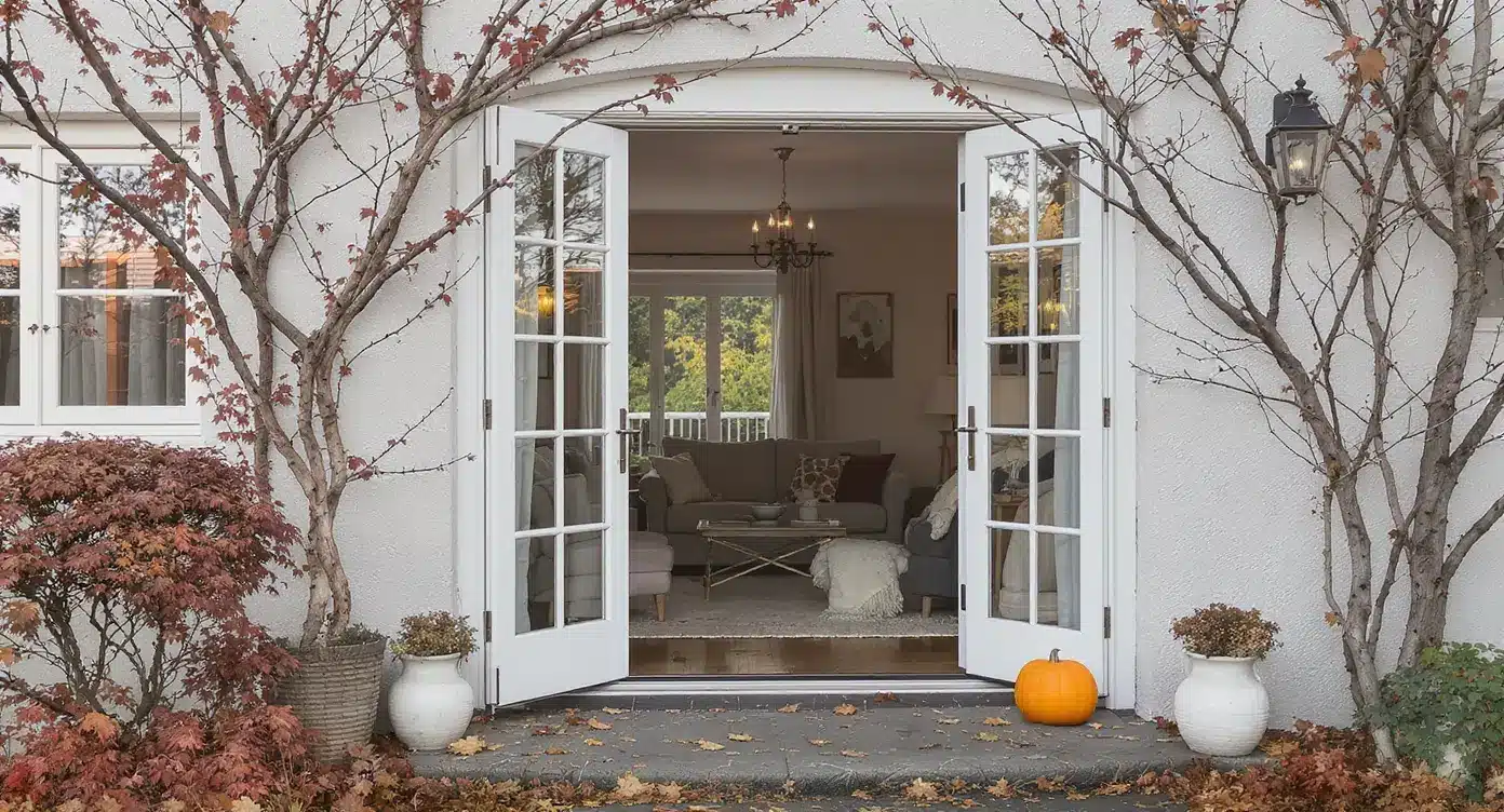 A white door with a bright orange pumpkin placed on the steps, creating a festive autumn atmosphere