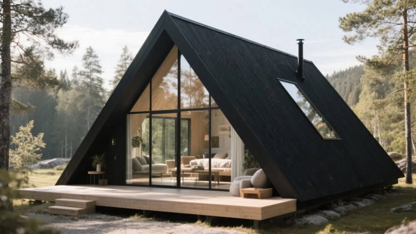 An A-frame Scandinavian cabin exterior with black siding, panoramic glass front, and wooden deck, set in a serene forest landscape