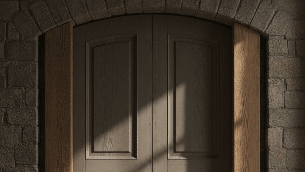 Arched stone doorway with partially open wooden shutters, casting soft light and shadows across a closed paneled double door