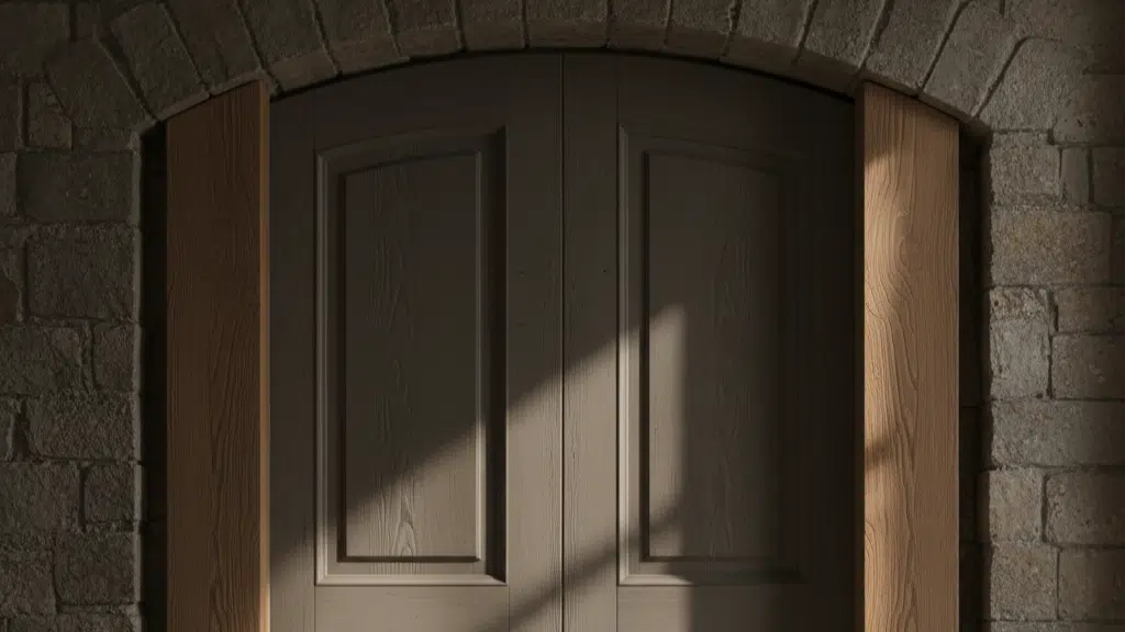Arched stone doorway with partially open wooden shutters, casting soft light and shadows across a closed paneled double door