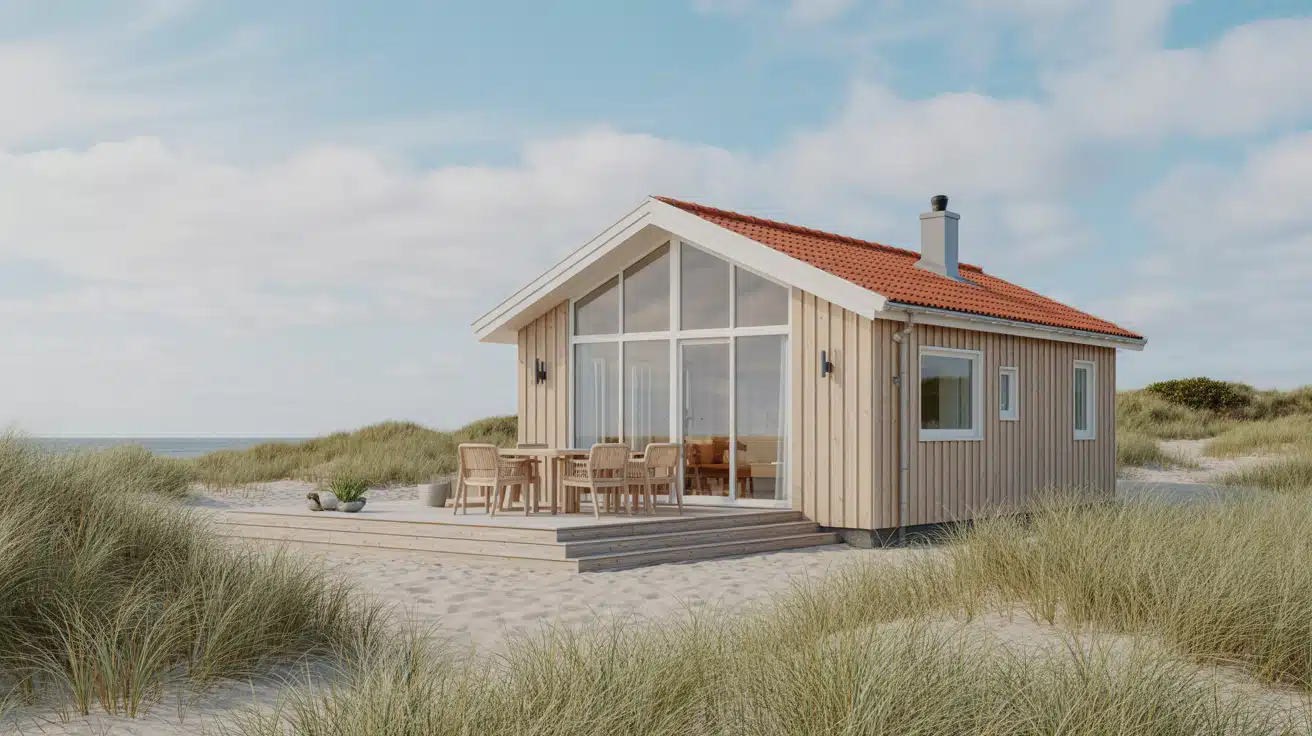 Beach house exterior with light wood siding, red roof, large glass windows, and a deck, set among sandy dunes by the sea