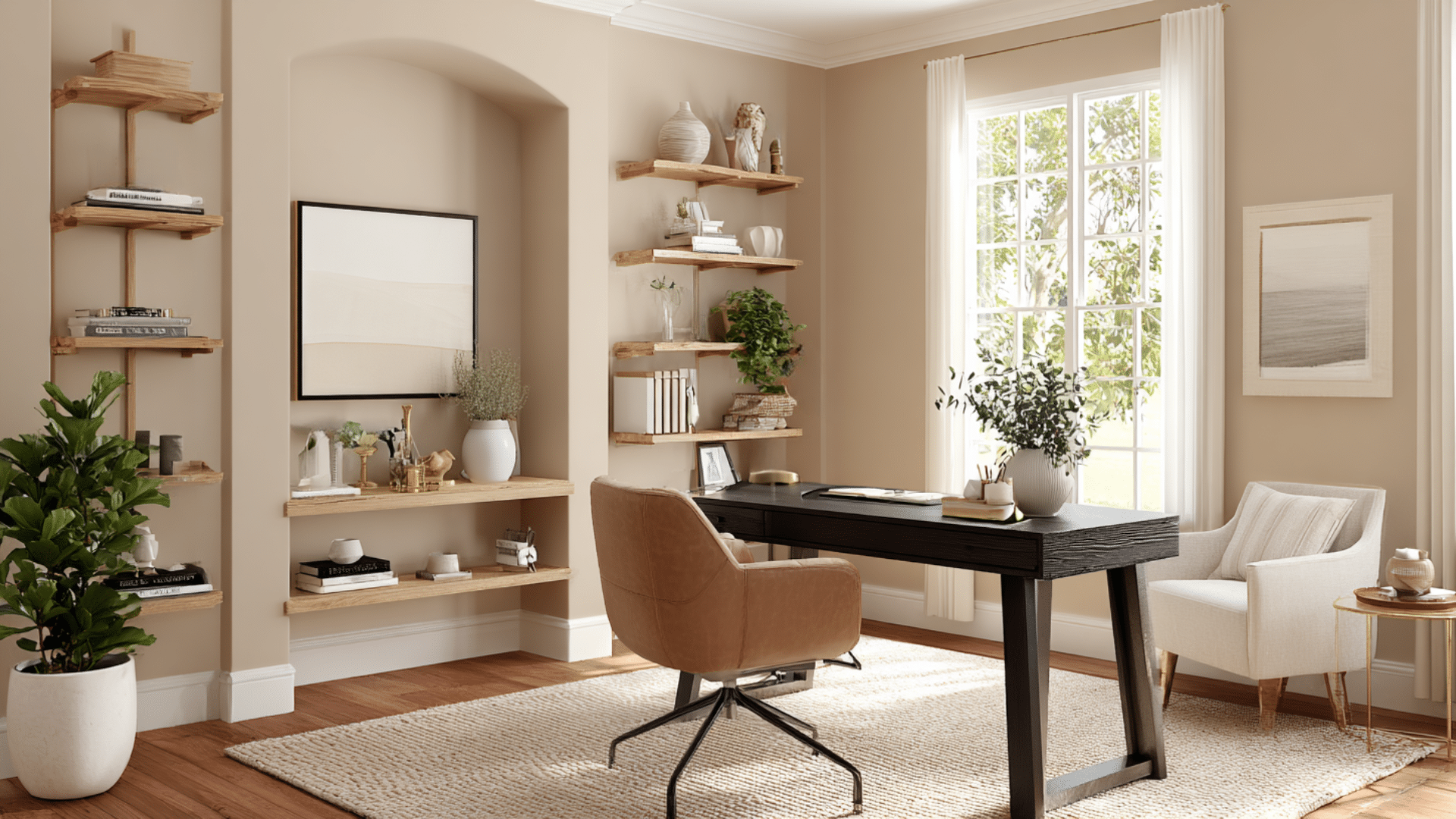 Beige monochromatic home office with wooden shelves, desk, soft decor, and natural light from window