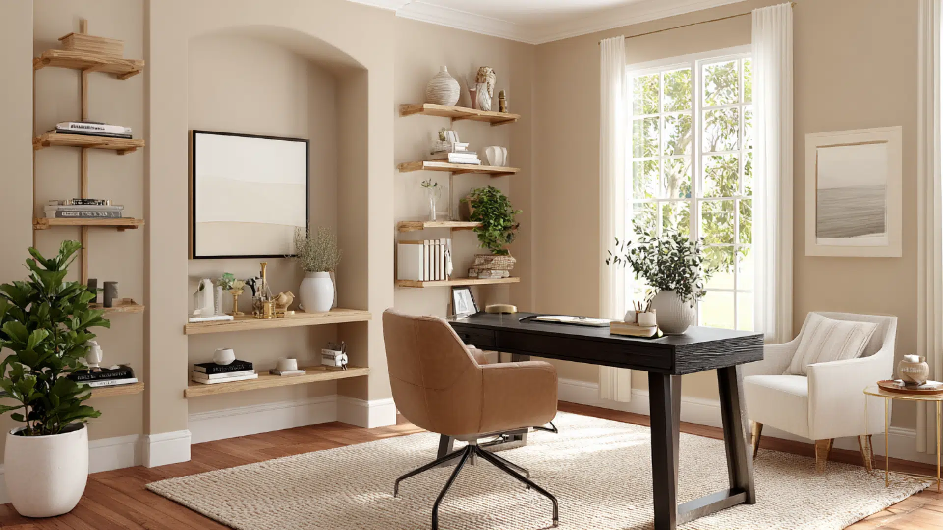 Beige monochromatic home office with wooden shelves, desk, soft decor, and natural light from window