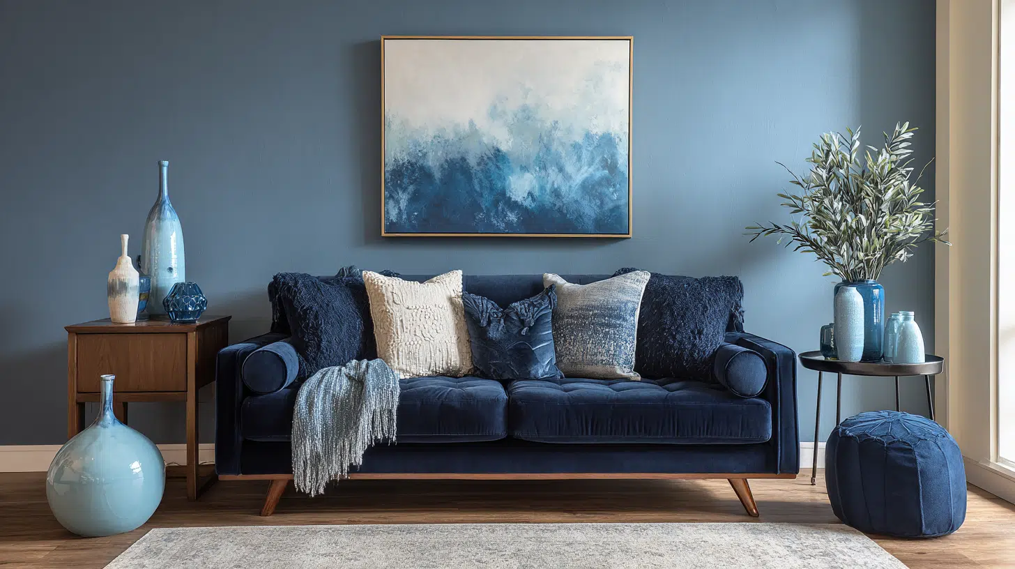 Blue monochromatic living room with navy sofa, layered cushions, artwork, and soft decor accents