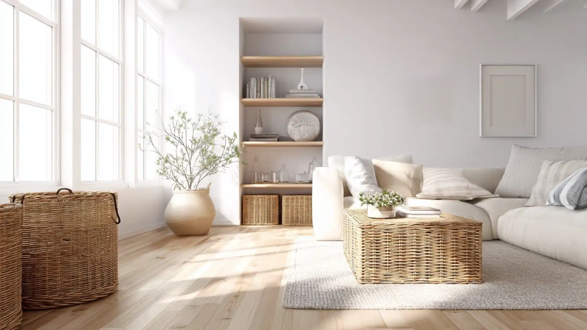Bright, minimalist living room featuring light wood floors, a white sectional sofa, wicker accents, including a coffee table and storage baskets.
