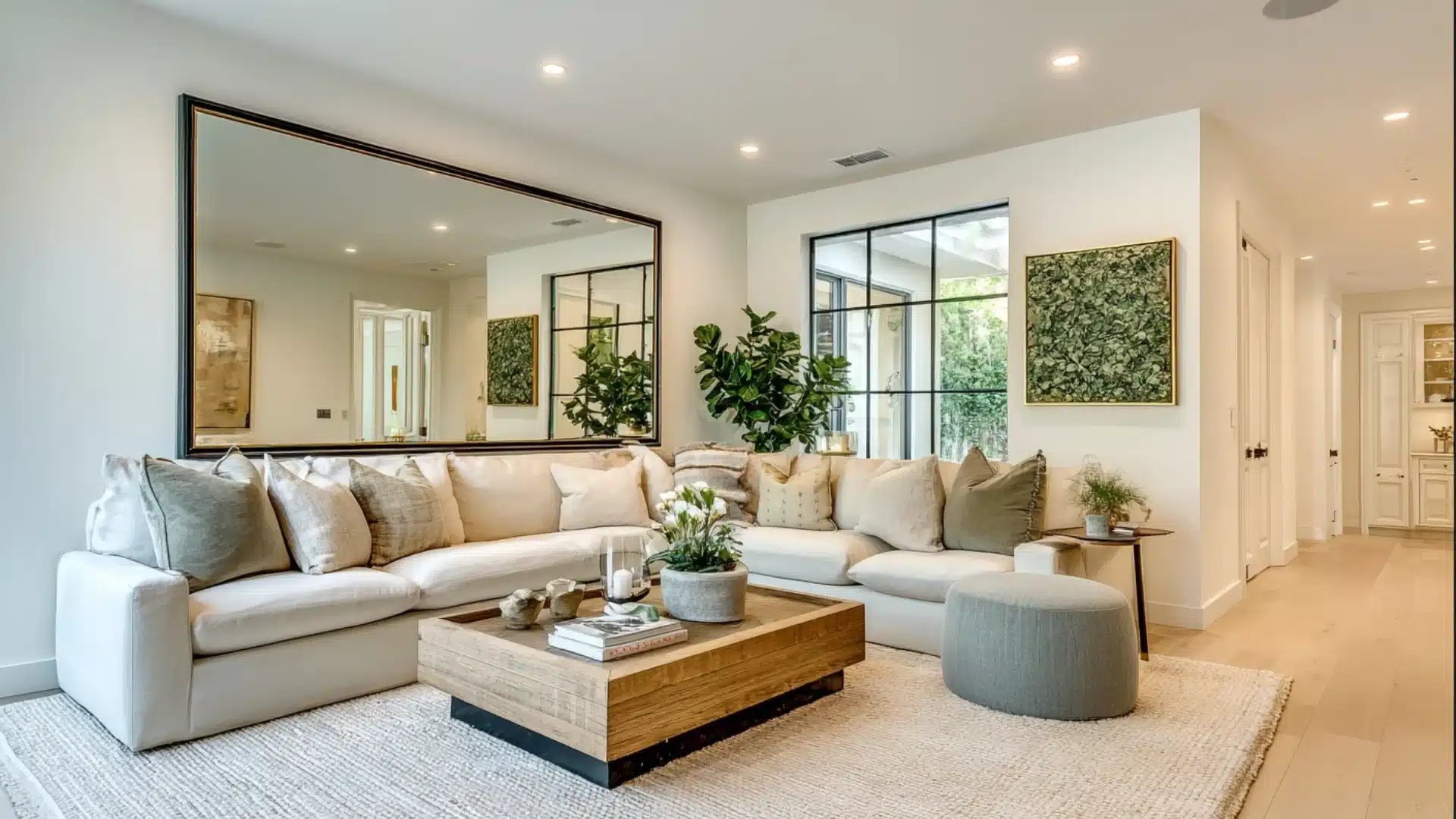 Bright, modern living room featuring a large white sectional sofa, wooden coffee table, huge wall mirror, and natural light from black-paned windows