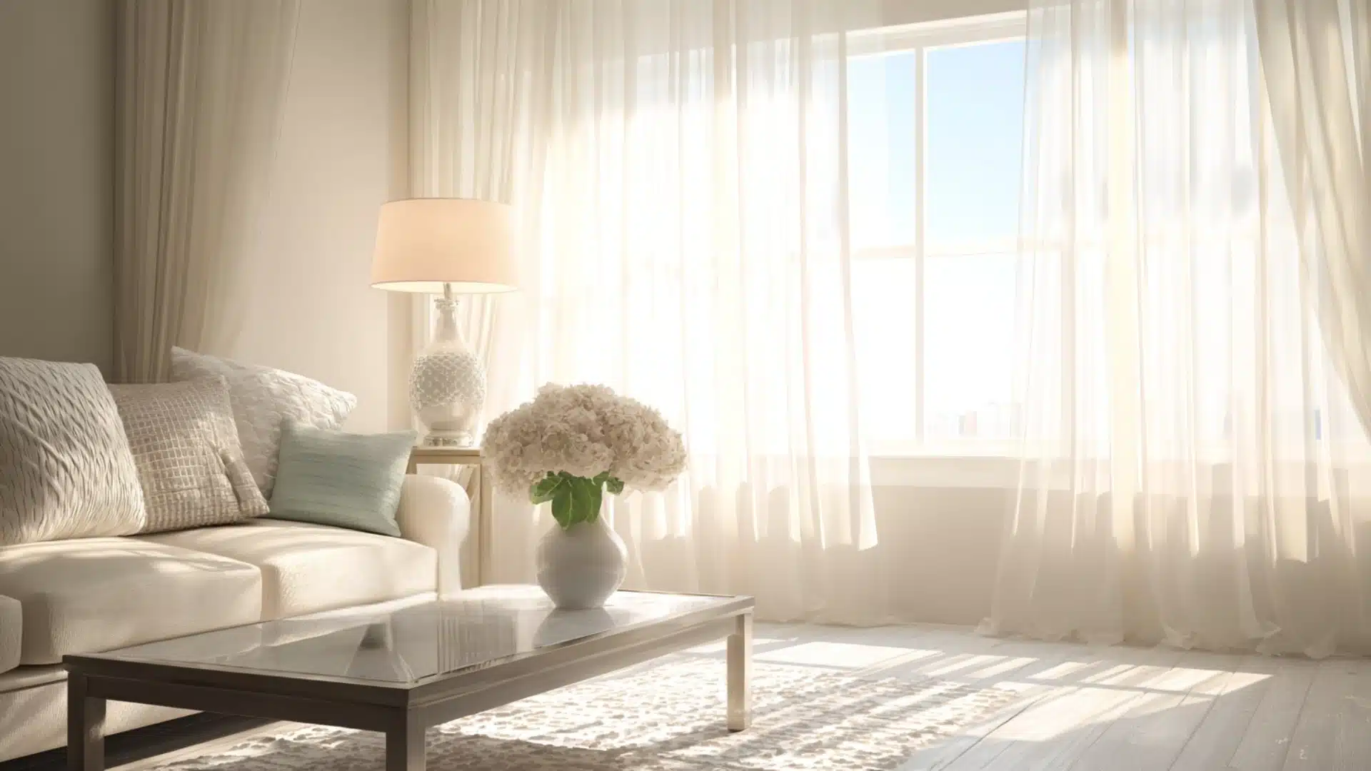 Bright, sunlit living room featuring a light-colored sofa, glass coffee table with white flowers, and sheer white curtains covering a large window