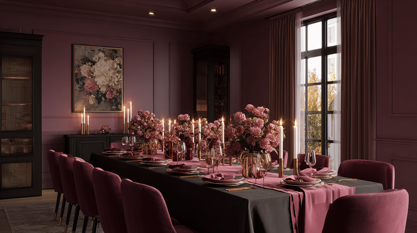 Burgundy monochromatic dining room with candlelit table, floral centerpieces, and elegant seating