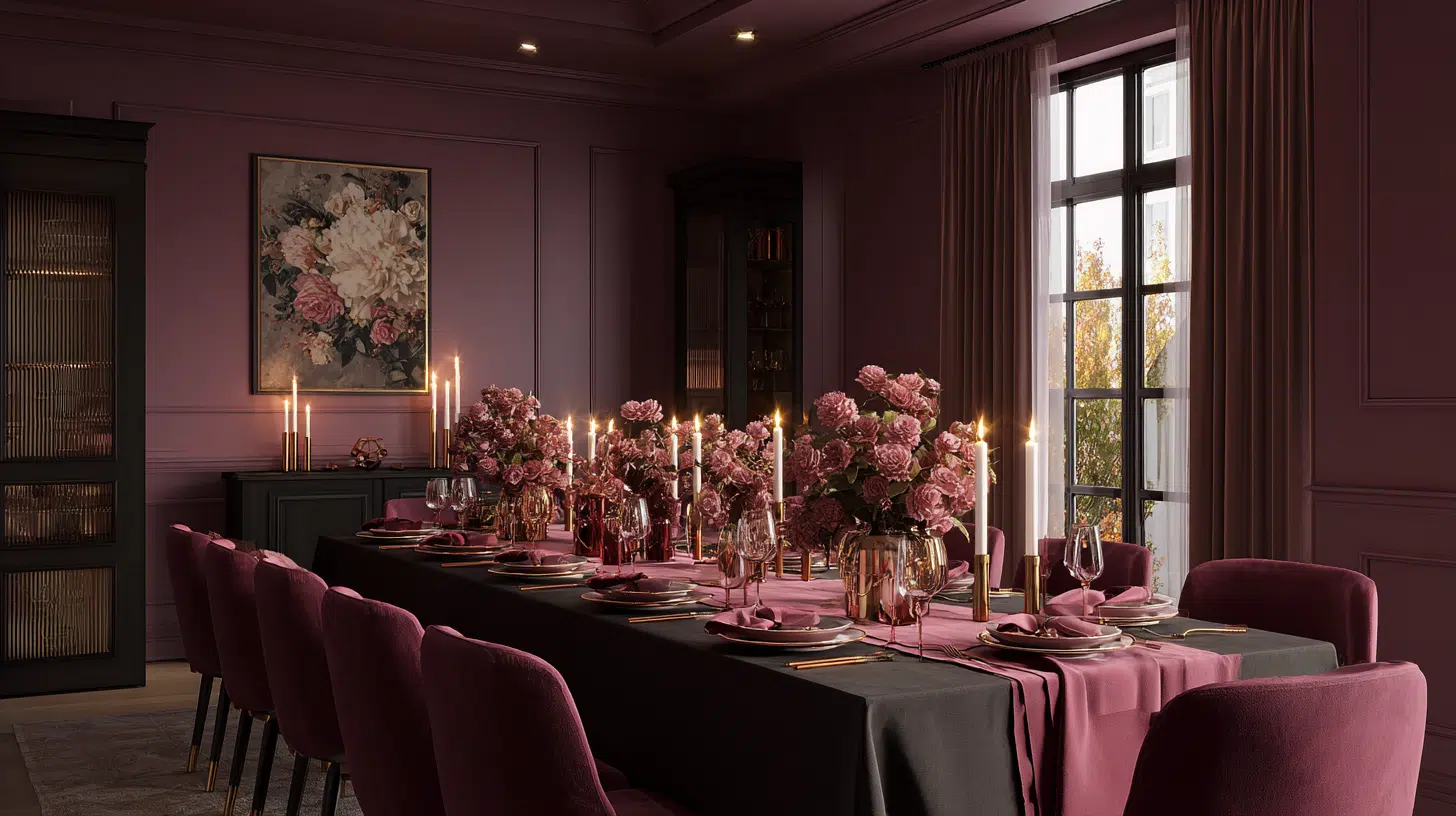Burgundy monochromatic dining room with candlelit table, floral centerpieces, and elegant seating