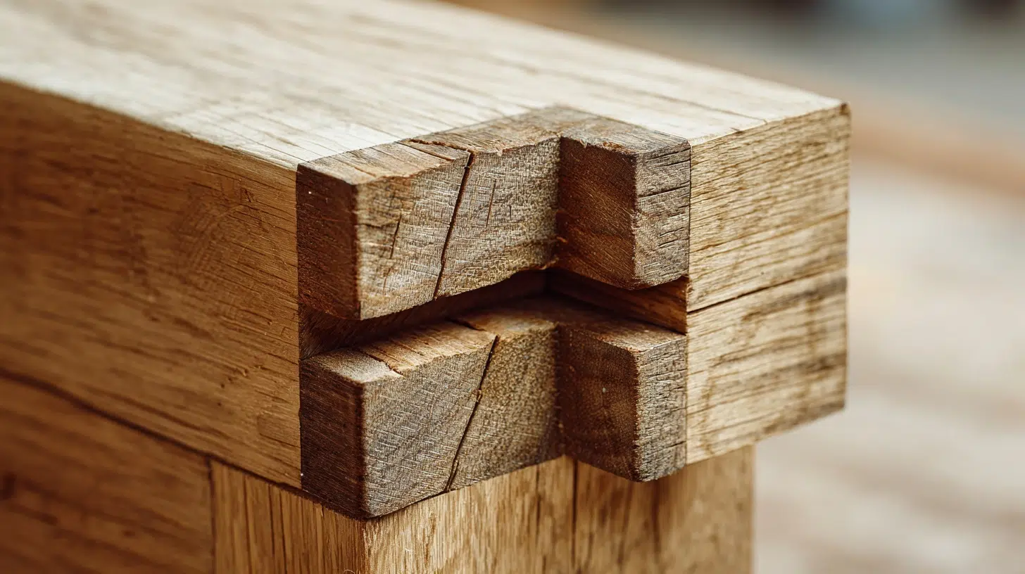 Close-up of a wooden corner joint with interlocking dovetail joinery, showing craftsmanship and natural wood grain texture